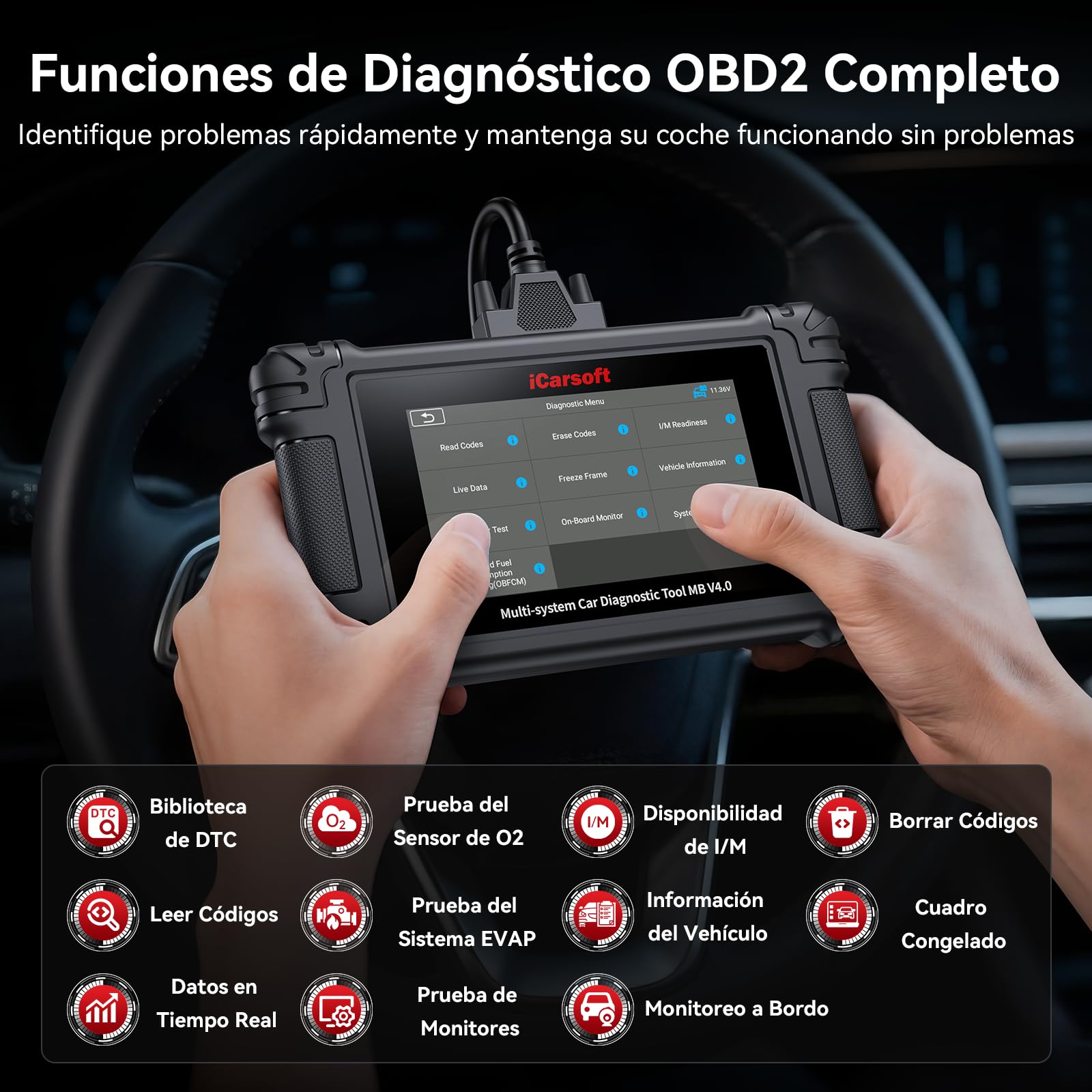 iCarsoft MB V4.0 Instrumento de Diagnóstico Bidireccional para Be.NZ/Sprinter/Smart + 2 Marcas Opcionales, Escáner OBD2 Completo del Sistema con 38 Servicios para Merce.Des, Prueba Activa, Auto Vin