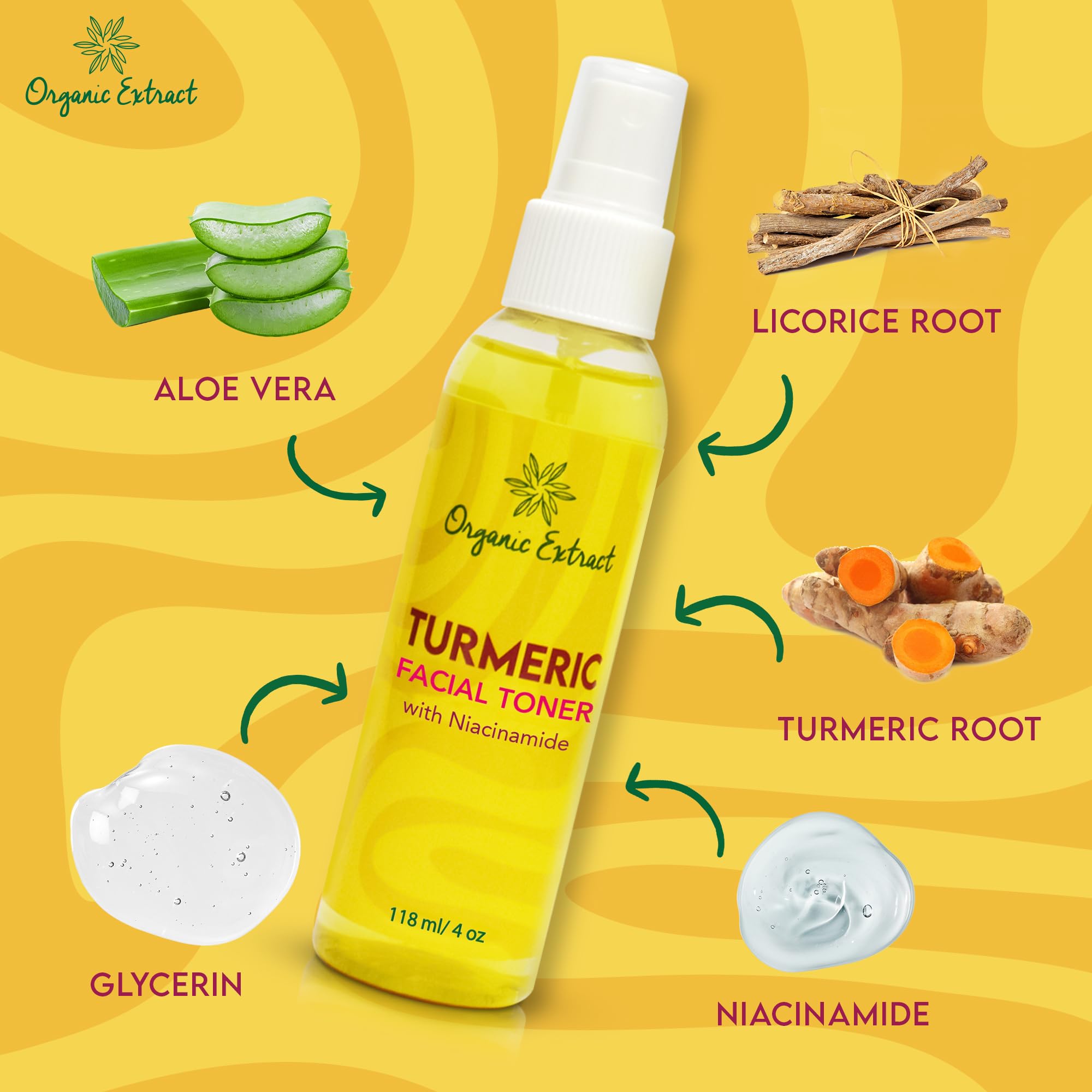 Toner Visage à l'Extrait de Curcuma Bio - 4 fl oz / 118 ml - Tonique Éclaircissant pour le Visage, Élimine Doucement les Impuretés - Tonique Exfoliant et Hydratant avec Glycérine, Aloe Vera