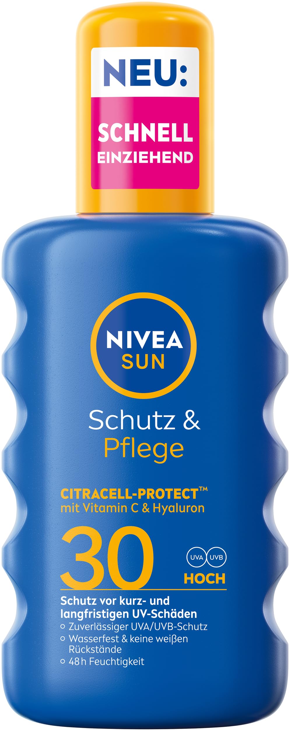 NIVEA SUN Schutz & Pflege Sonnenspray LSF 30, wasserfestes Sonnencreme Spray mit Vitamin C & Hyaluron, schnell einziehender Sonnenschutz für 48h Feuchtigkeit (200 ml) (Packung mit 2)
