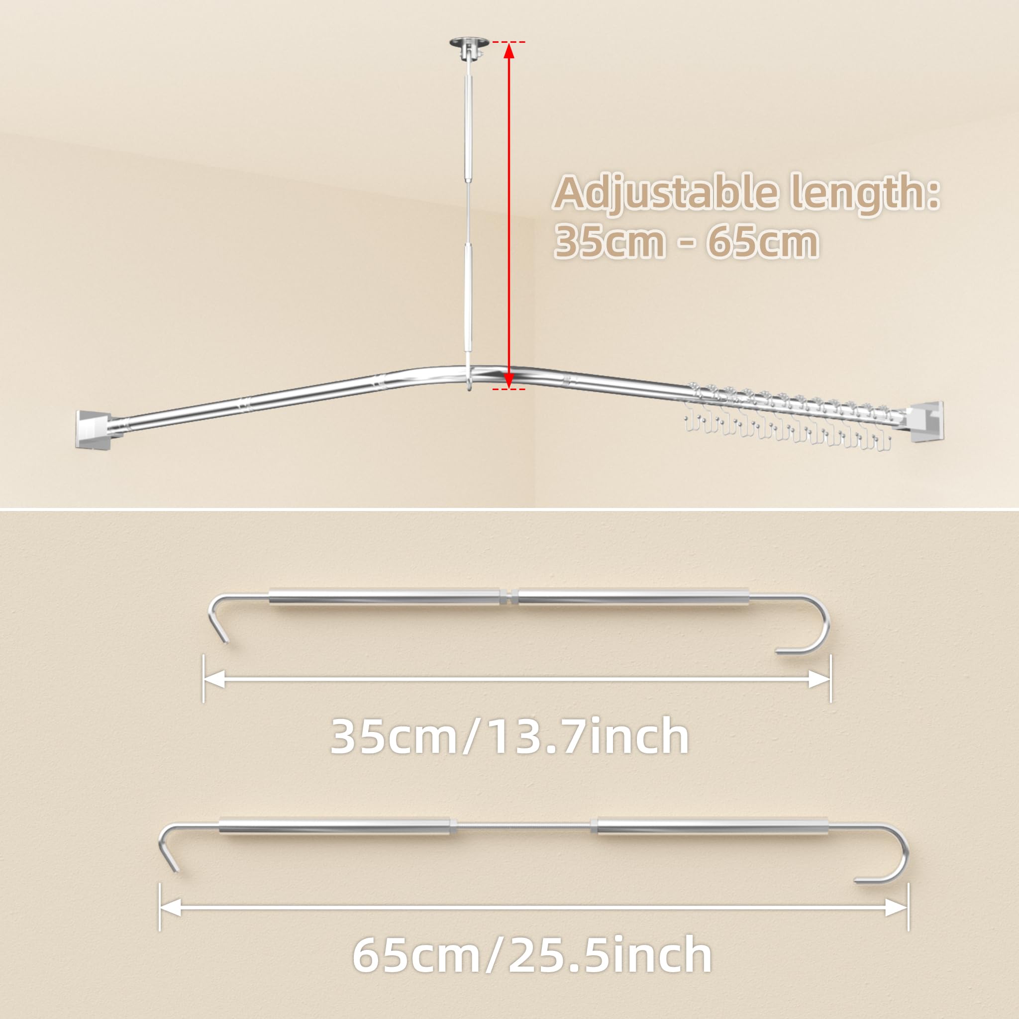 Duschvorhangstange L Form 95 x 95 cm ohne Bohren - 304 Rostfreier Edelstahl - Duschstange für Badewanne & Dusche - inkl. 12 Ringe