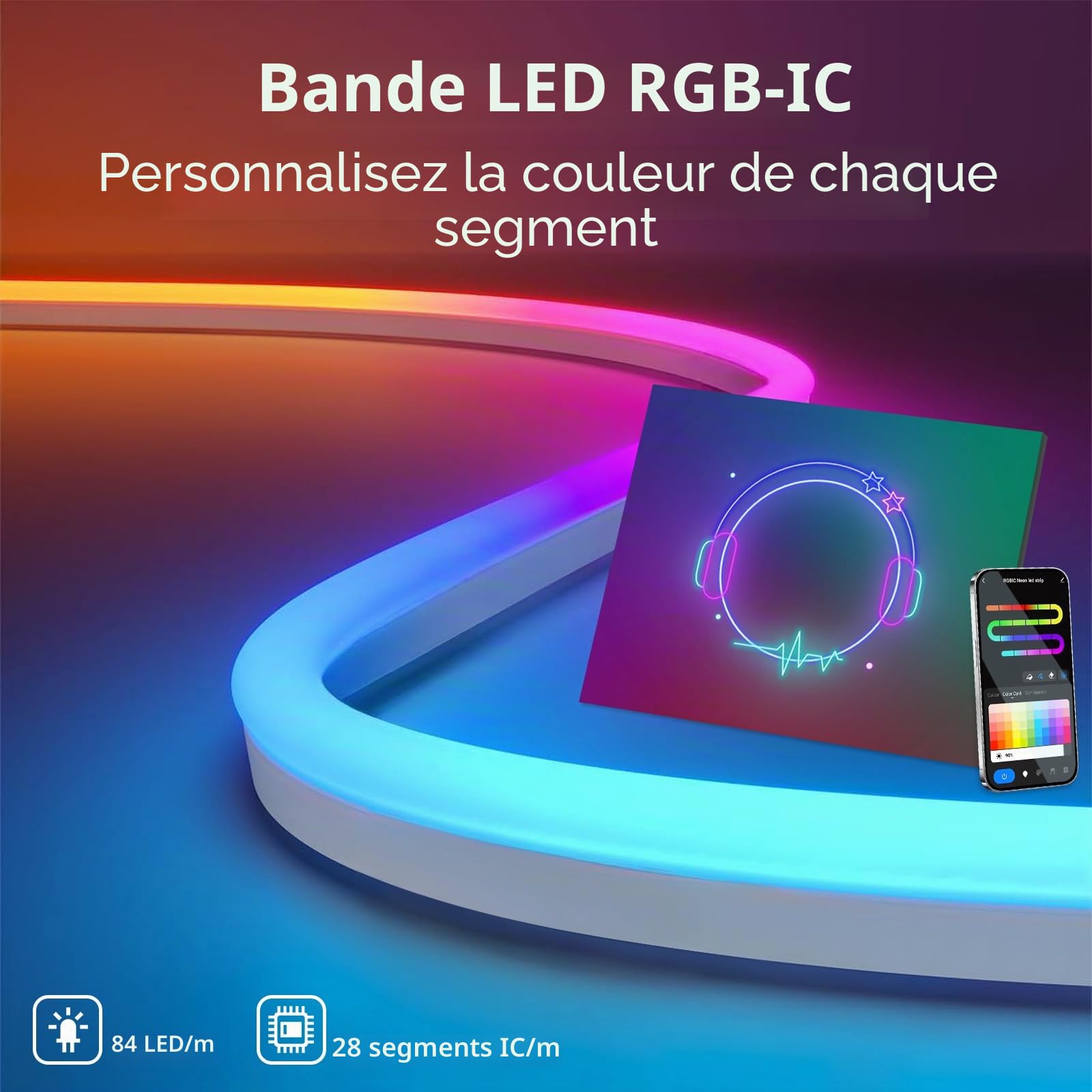 Bande LED Néon RGB-IC, Ruban LED Bluetooth 5V pour Mur, Bande Lumineuse Extérieure, Contrôle via Application, Synchronisation Musicale, Idéal pour Décoration de Salle de Jeux (10m RGBIC)