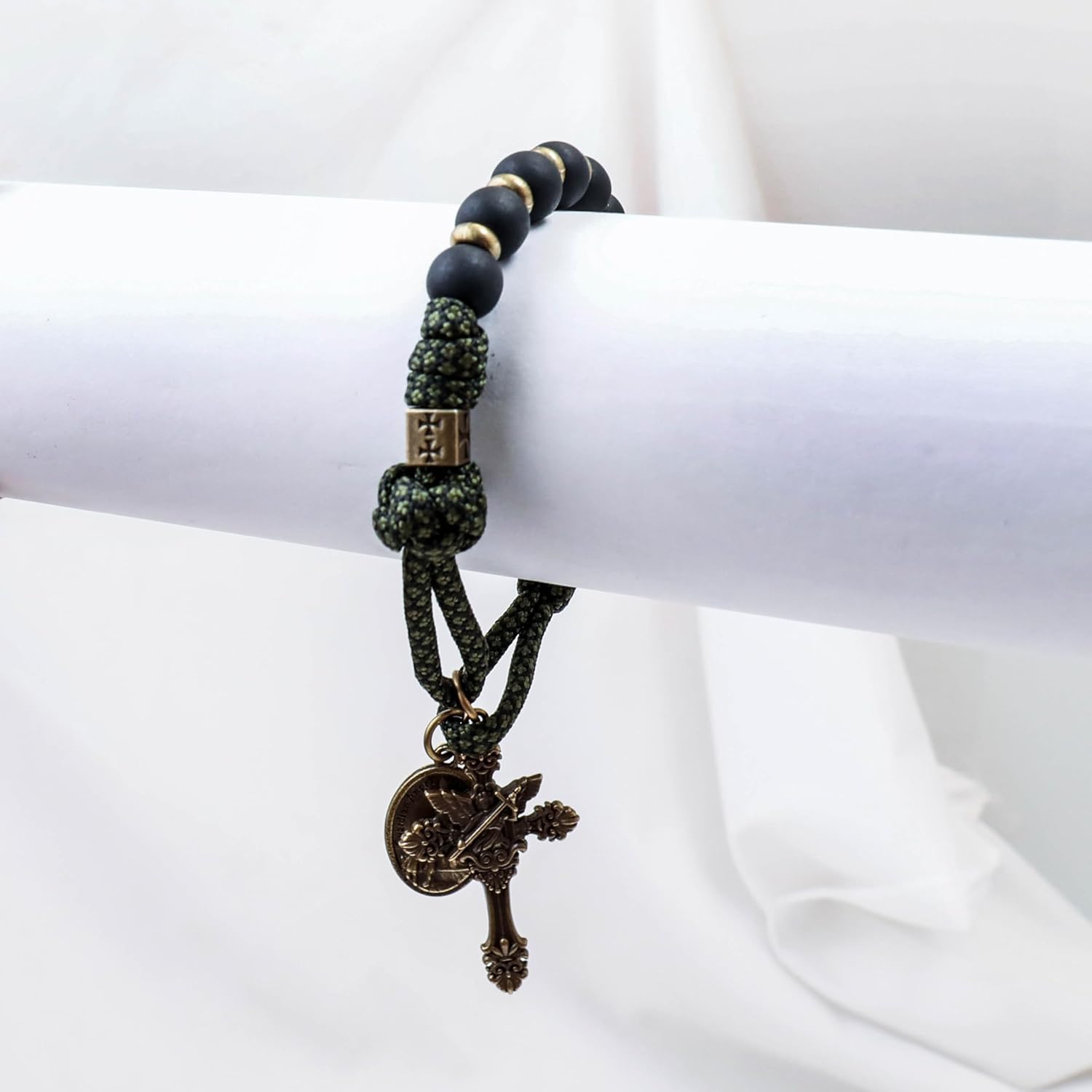 Nazareth Store NEW Antique Bronze One Decade Rosary Black Matte Beads Green Paracord Rosary Bracelet Handmade Catholic Travel Friendly Prayer - Image 7
