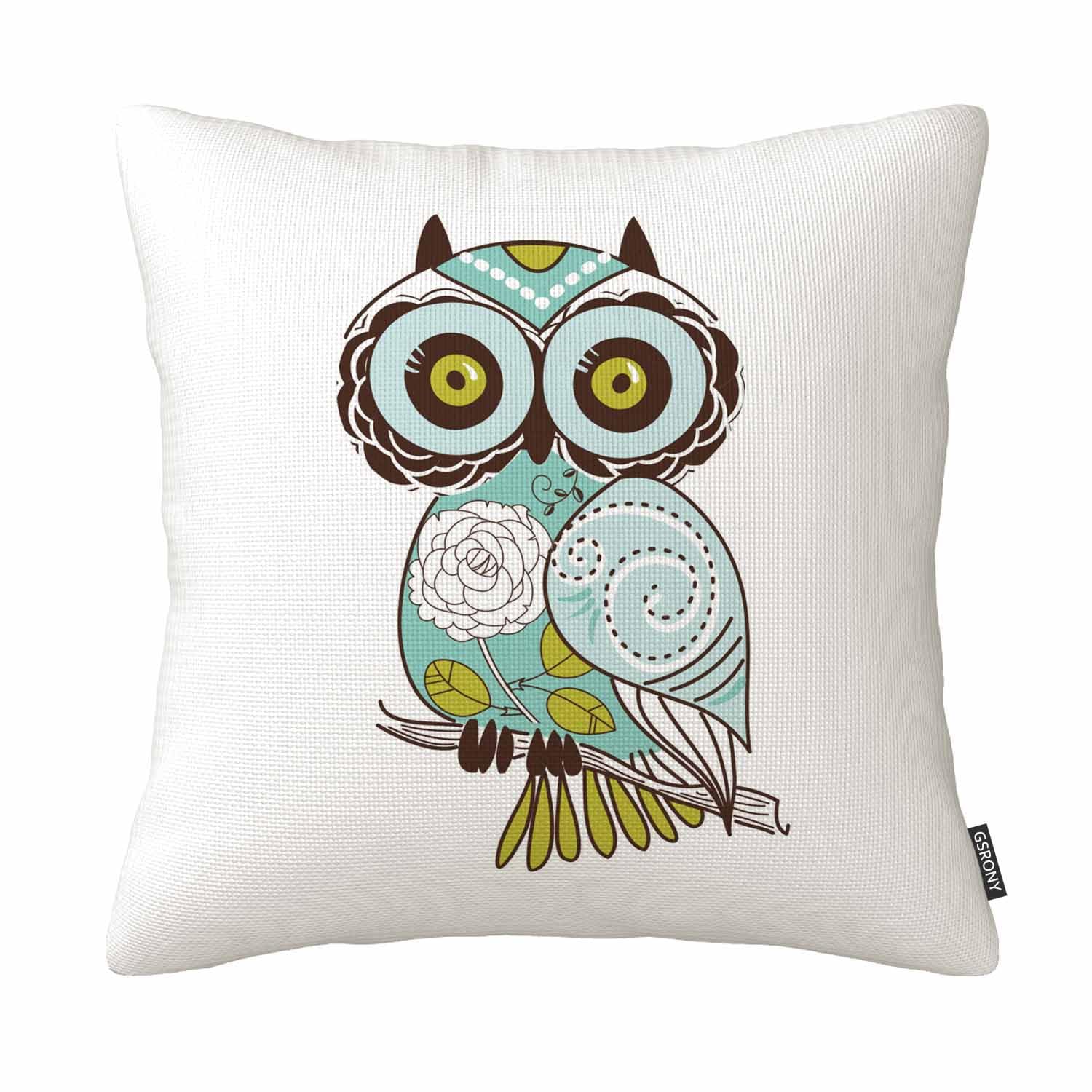 GSRONY Owl Throw Pillow Covers Cartoon Green Cute Cartoon Owl Cushion Pillow Case Home Decor Pillowcase 18x18 Inches