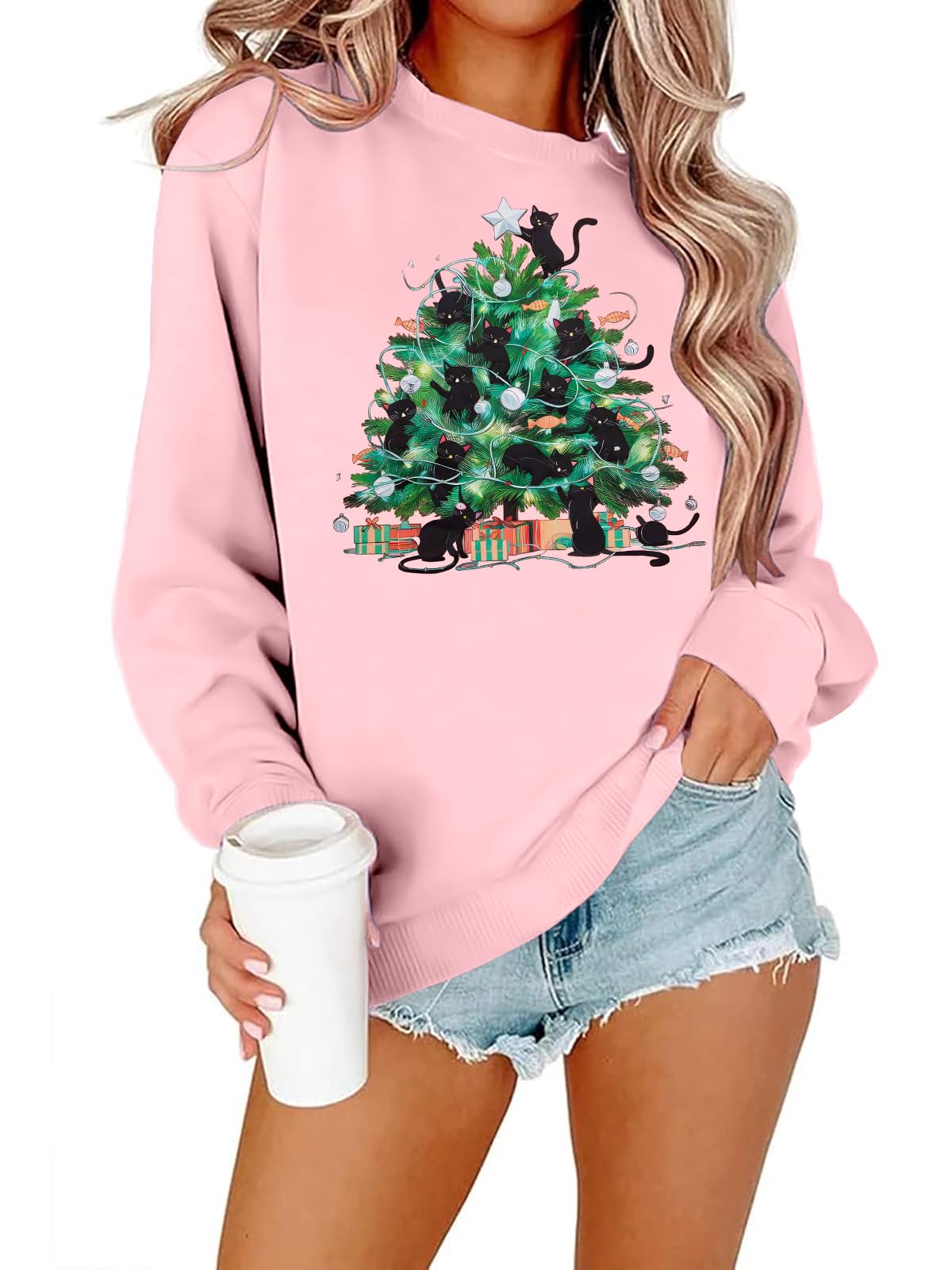 FRYAID Cat Sweatshirt Women Funny Black Cat Graphic Sweater Casual Cat Crewneck Holiday Long Sleeve Hoodie Pullover Top
