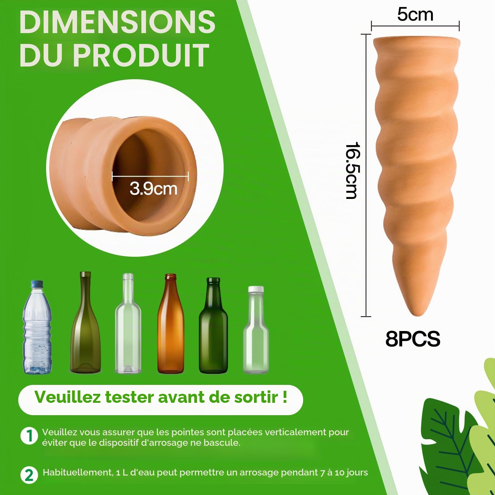 Lot de 8 Cône en Argile d’arrosage, Arrosage en Terre Cuite,Système d'Irrigation Naturel, arrosage Automatique pour Jardin Plantes d'intérieur.jardinières et Plantes en Pot, Terre Cuite,Marro.