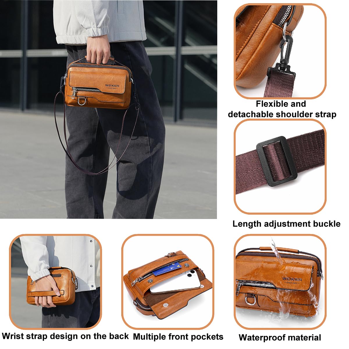 A-QMZL Sacs Bandoulière homme,Sacoche Bandouliere Cuir Petite Sac à Bandoulière vintage Shoulder Bag Crossbody Business Sacs Étanche Convient pour loisirs, travail,voyages