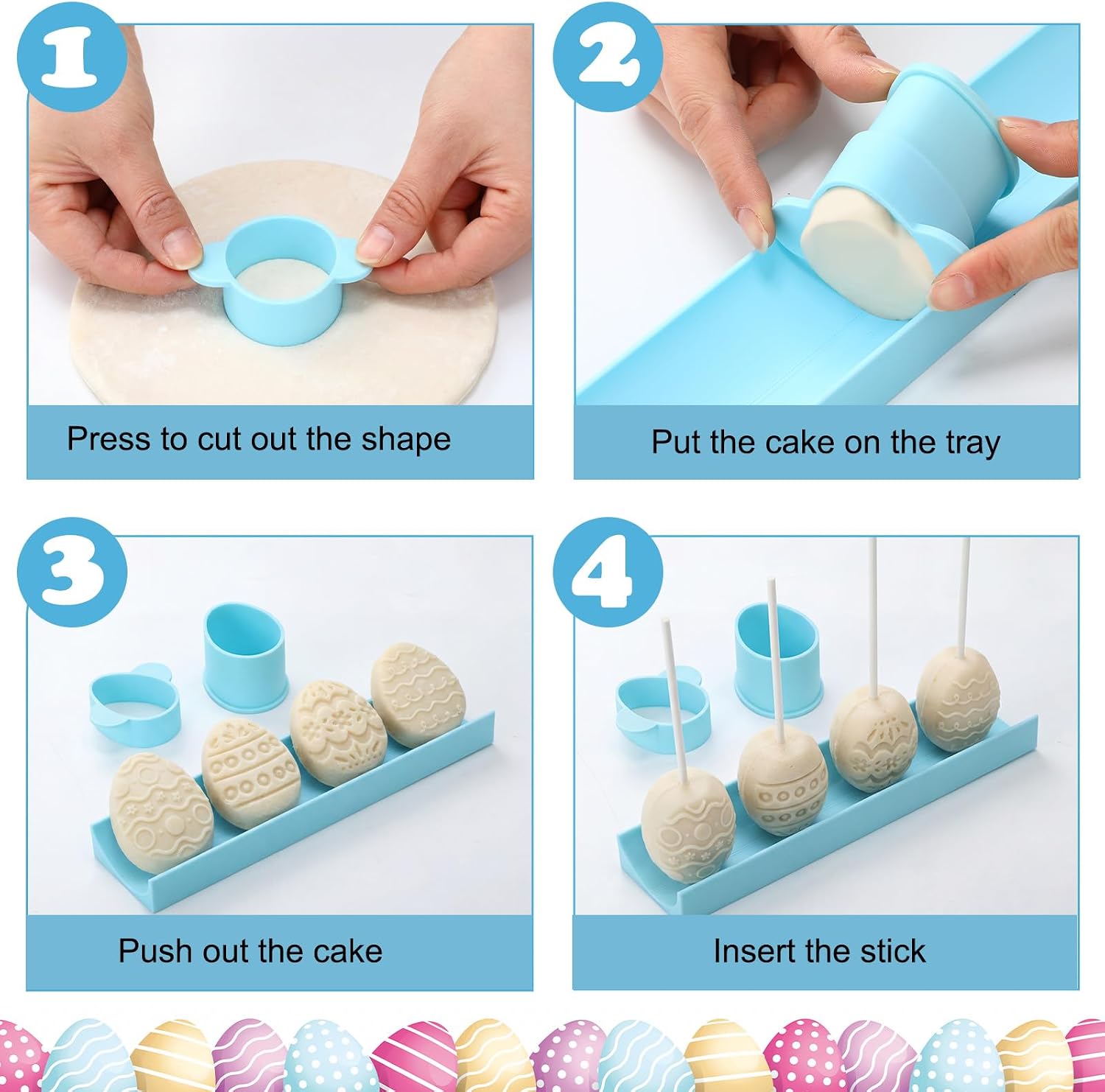 Willinglong 4 Pcs Easter Egg Cake Pop Mold Egg Cake Pop Cutter and Pusher Baking Molds Kit with Tray and 50 Sticks for Easter Party, DIY Gift, Birthday, Home Desserts Making