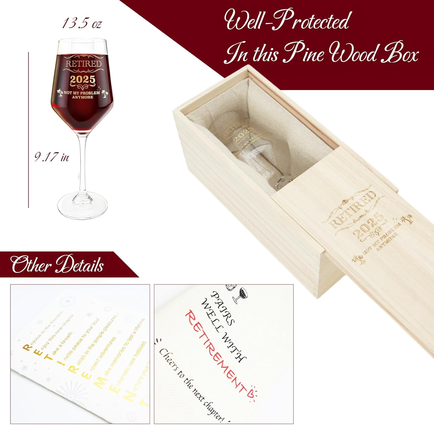 Gift-wrapped 2025 Retirement Wine Glass, Retirement Gift for Woman & Men, Not My Problem Anymore, 1 Bag & 1 Wine Glasses & 1 Wood Box & 1 Card, Ready for Gifting - Image 5