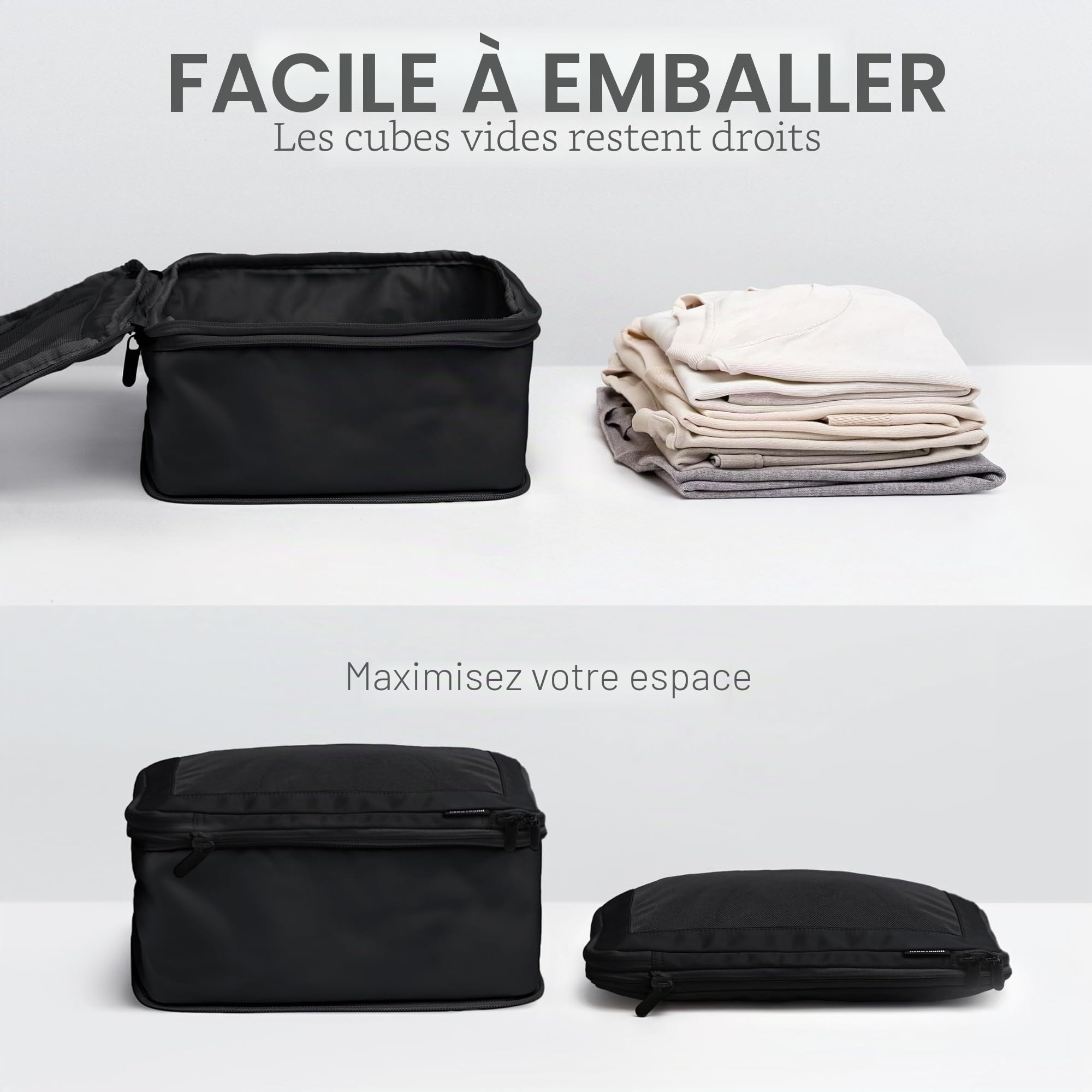 Aerotrunk Lot de 4 cubes d'emballage de compression pour voyage – Sacs de rangement de bagages – Cubes d'emballage à double fermeture éclair pour valises (lot de 4, noir)