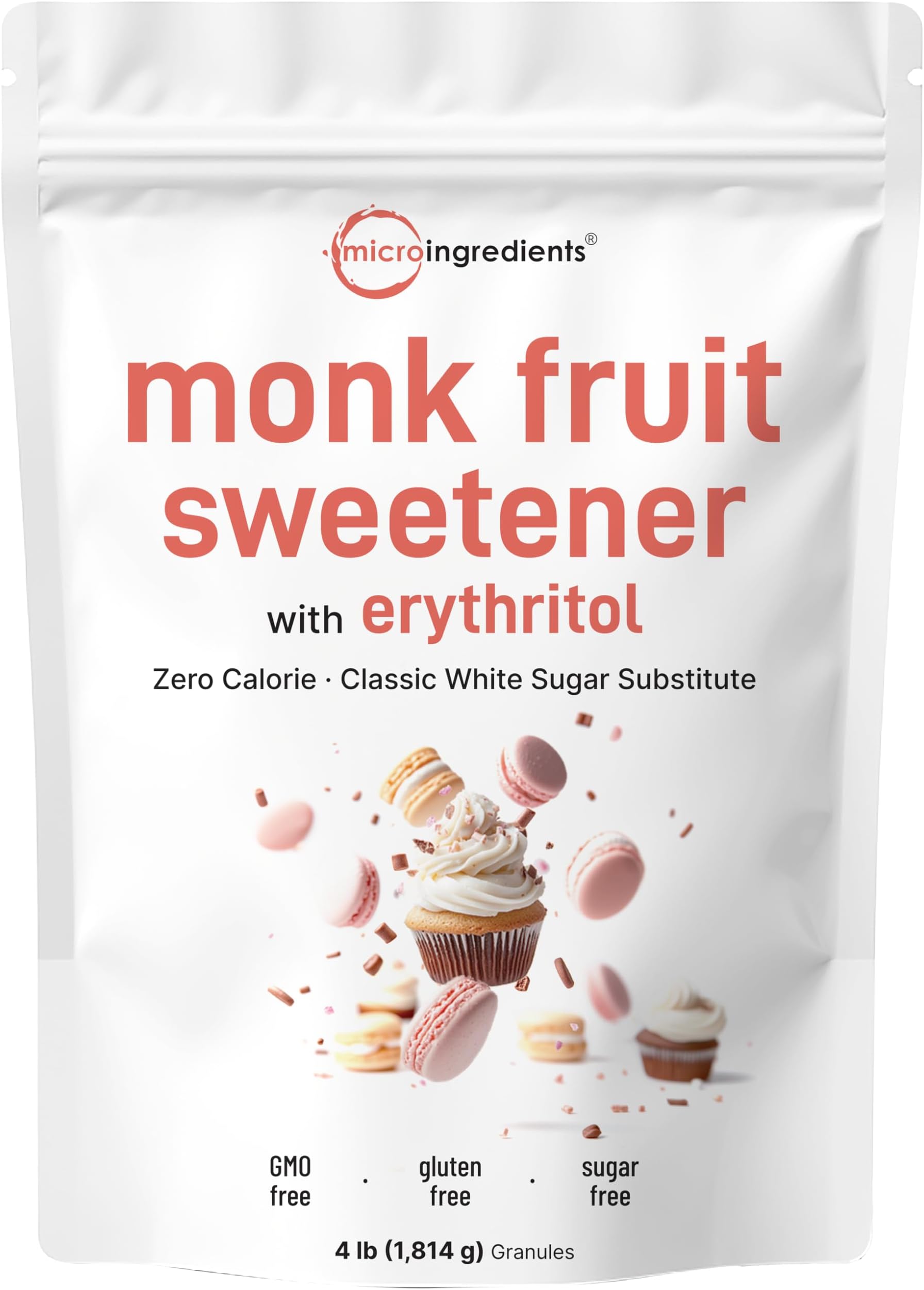 Monk Fruit Sweetener with Erythritol Granules, 4 Pounds, No After Taste, 1:1 White Sugar Substitute, Keto Diet Friendly, Zero Calorie, Natural Sweetener for Drinks, Coffee, Tea, Cookies, No-GMO, Vegan