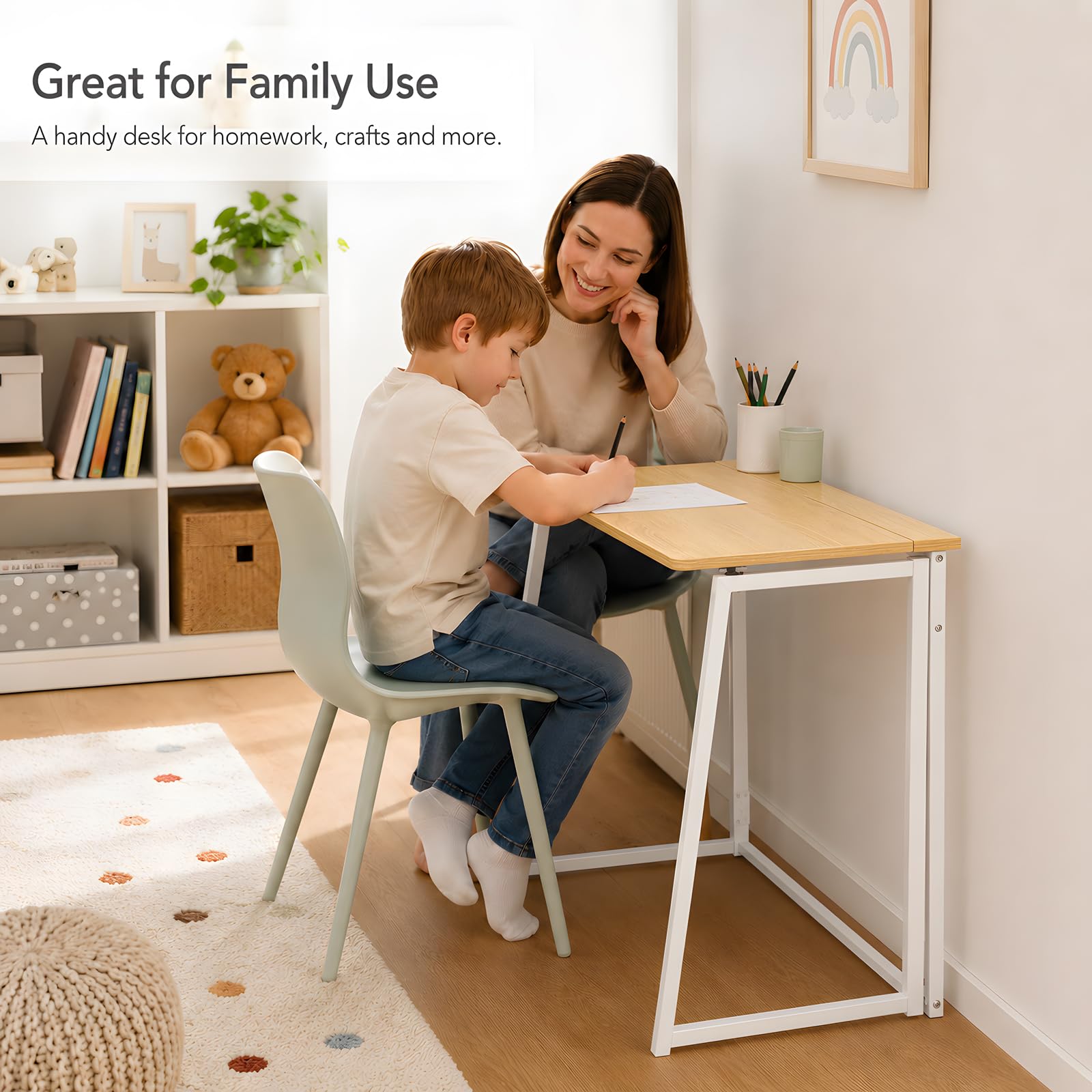 Escritorio Infantil Plegable Mesa Estudio Ordenador para Habitación Juvenil Dormitorio niña Ahorro de Espacio Nórdico Fácil Montaje Esquinas Redondeadas Blanco Roble 80x40x74cm