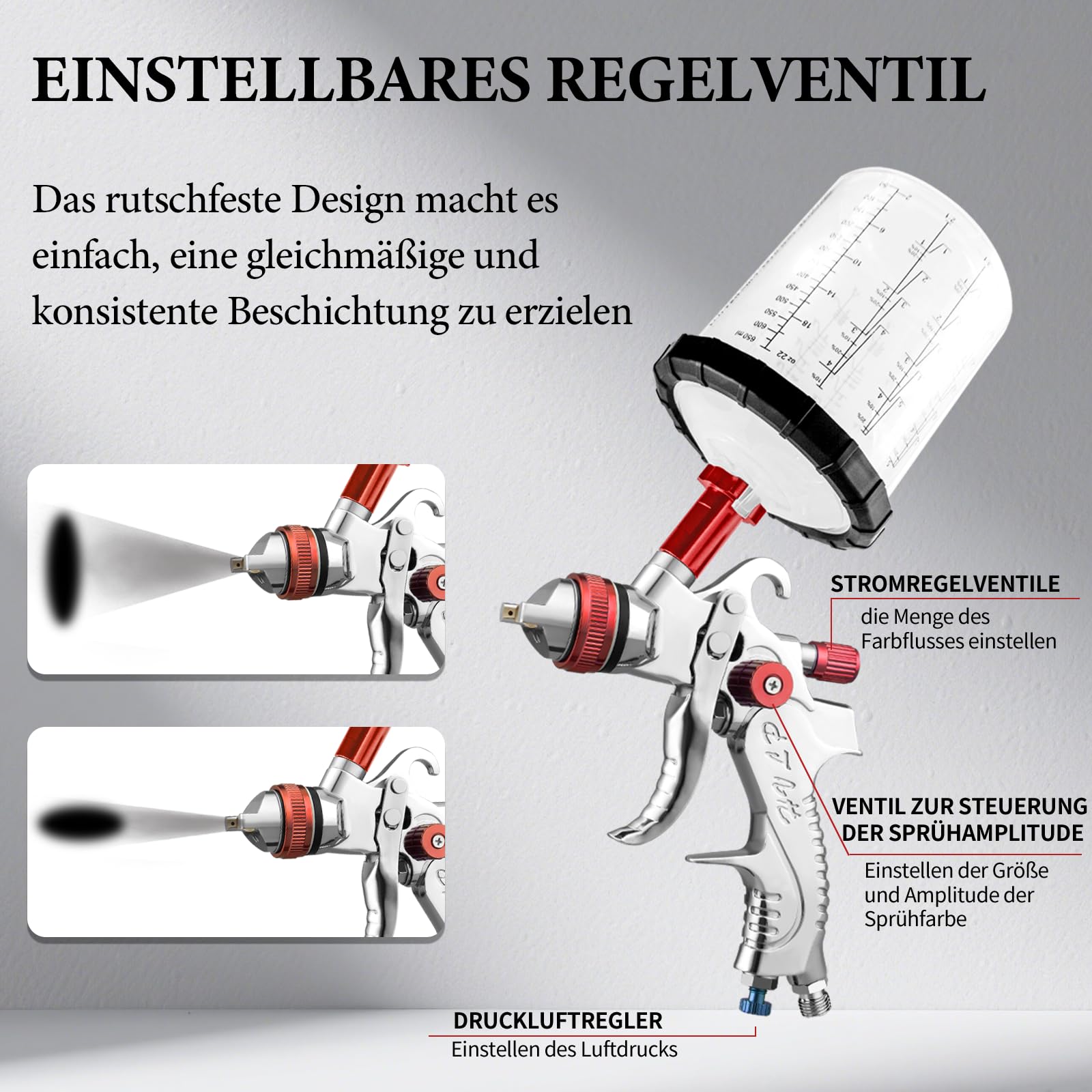 HVLP Pistola a spruzzo con 10 Tazza di Vernice Usa e Getta, 650ML, Professionale Pistola per Verniciare 4 ugelli da 1,4 mm/1,7 mm/ 2,0 mm/2,5 mm, & Manometro (rosso)