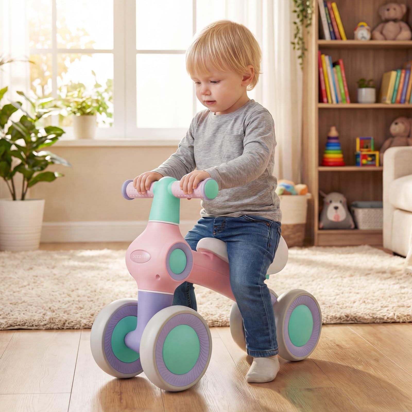 COSTWAY Draisienne Bébé 1 an, Vélo Bébé sans Pédales de 12-36 Mois avec 4 Roues en EVA, Siège Réglable et Guidon, Charge 30 kg, Vélo d'Équilibre pour Garçons Filles, Cadeau Anniversaire Noel