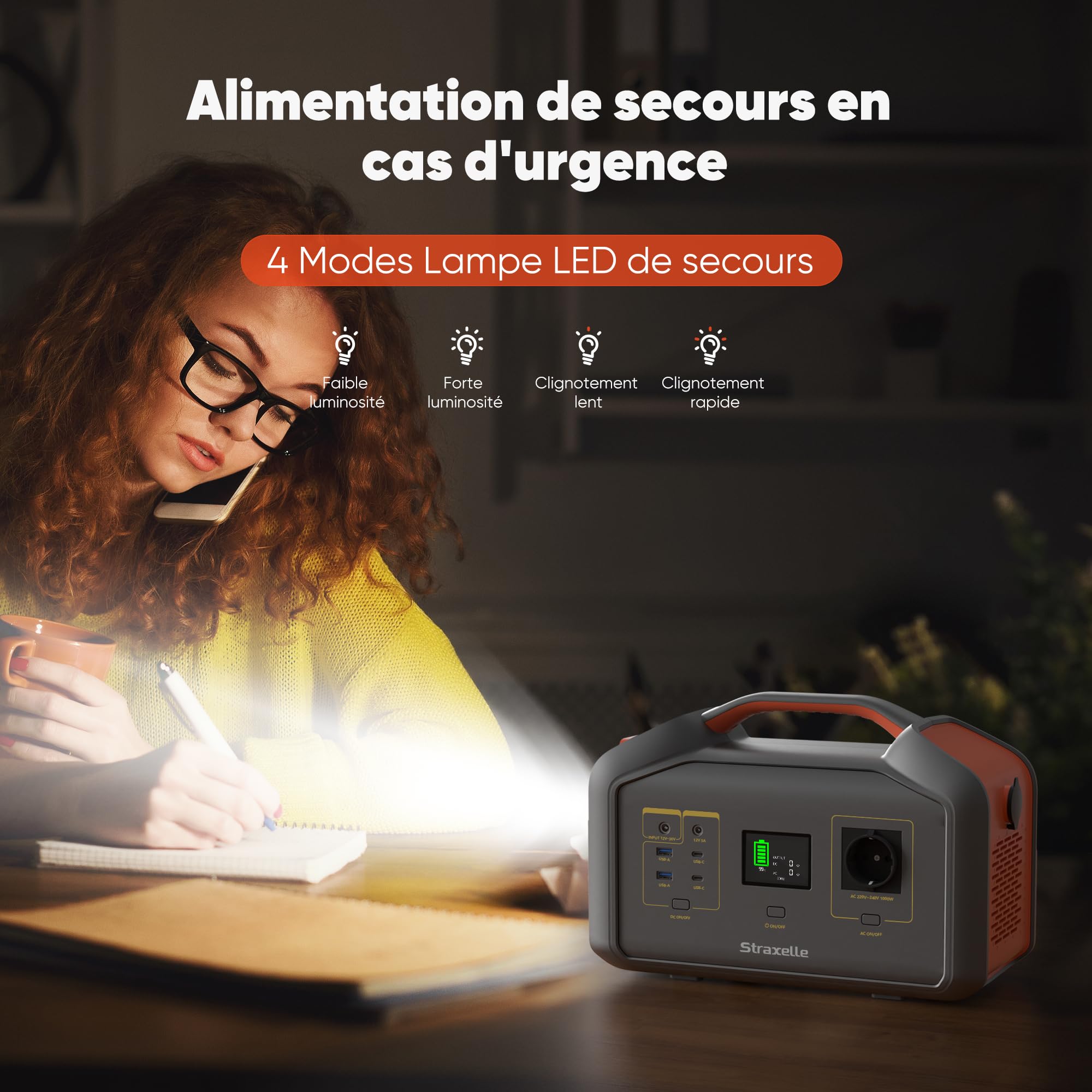 Generateur Électrique Portable 1000W(pic 2000W) Station Électrique Portable Solaire 808.08Wh Power Station avec écran LCD/Portes USB-A/C pour Extérieur,Garage,Voyage,Camping,Jardin,Urgence