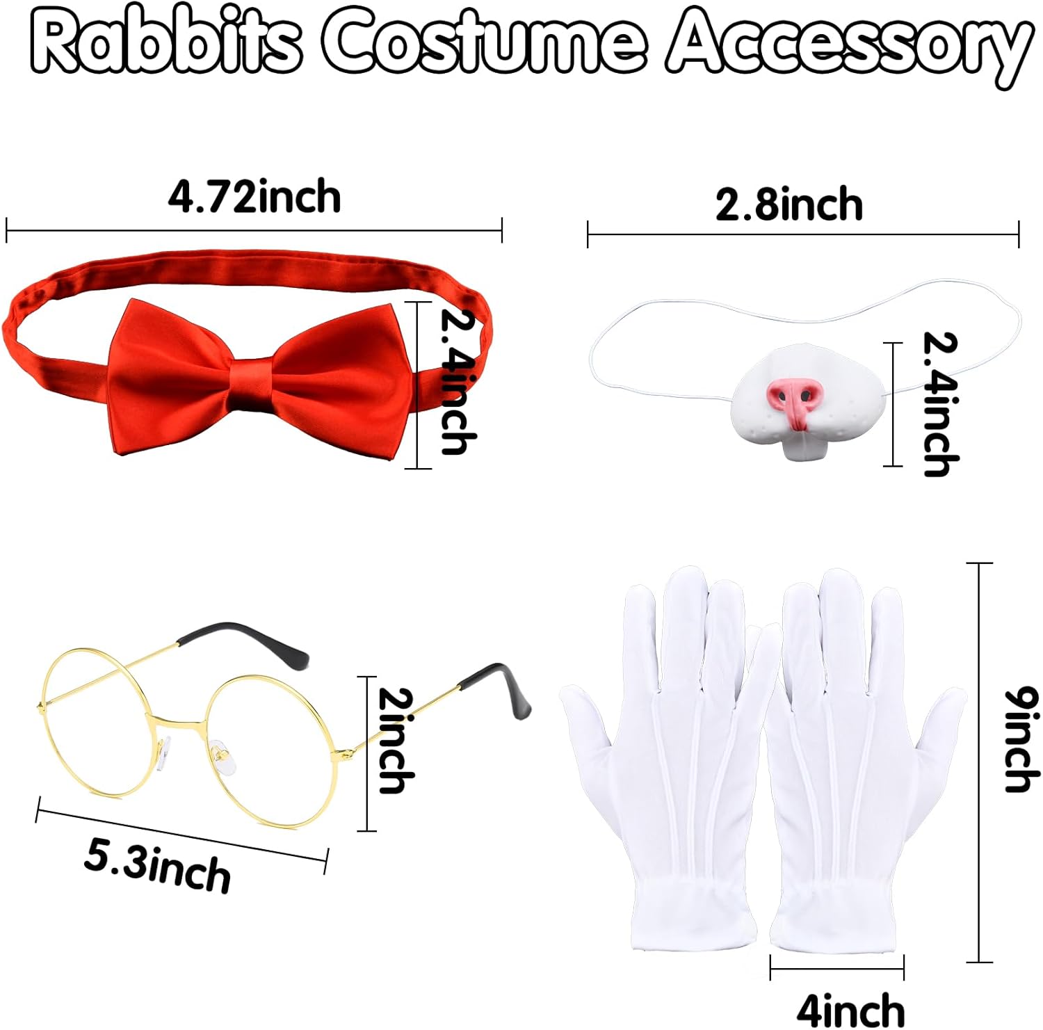 White Rabbit Costume 6Pcs Bunny Dress Up Accessories Set Rabbits Ears Plush Topper Hat Bunny Nose Rabbit Clock Glasses Bow Tie Gloves for Easter Halloween Party Costume - Image 4