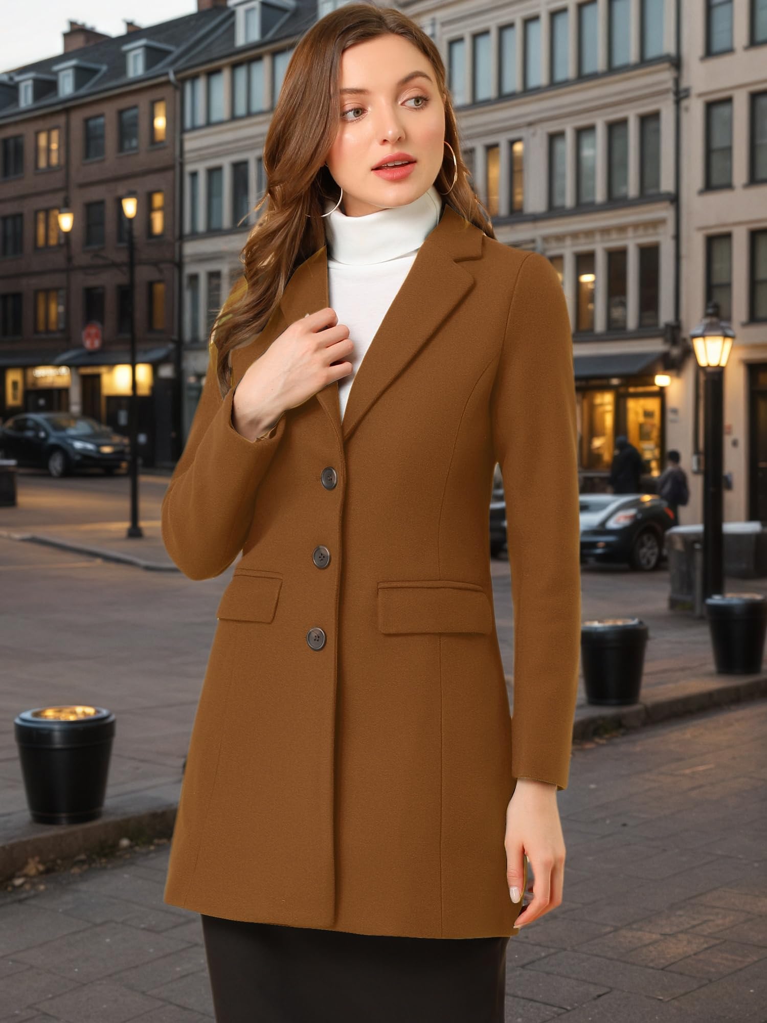 Allegra K Wintermantel für Damen mit gekerbtem Revers, einreihig geknöpft, Dunkelbraun, L