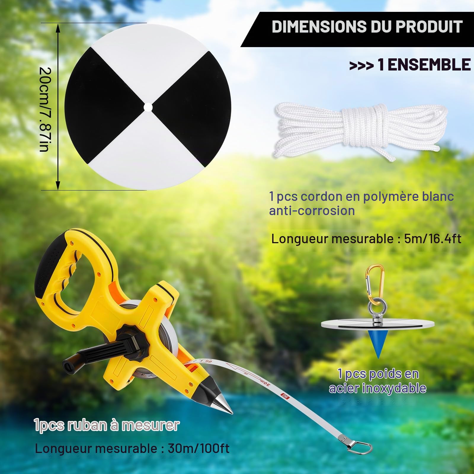 Copkim Lot de disques Secchi en plastique de 20 cm avec quadrants noirs et blancs, cône en acier, ligne de maintien et mètre ruban de 30,5 m pour des mesures de clarté