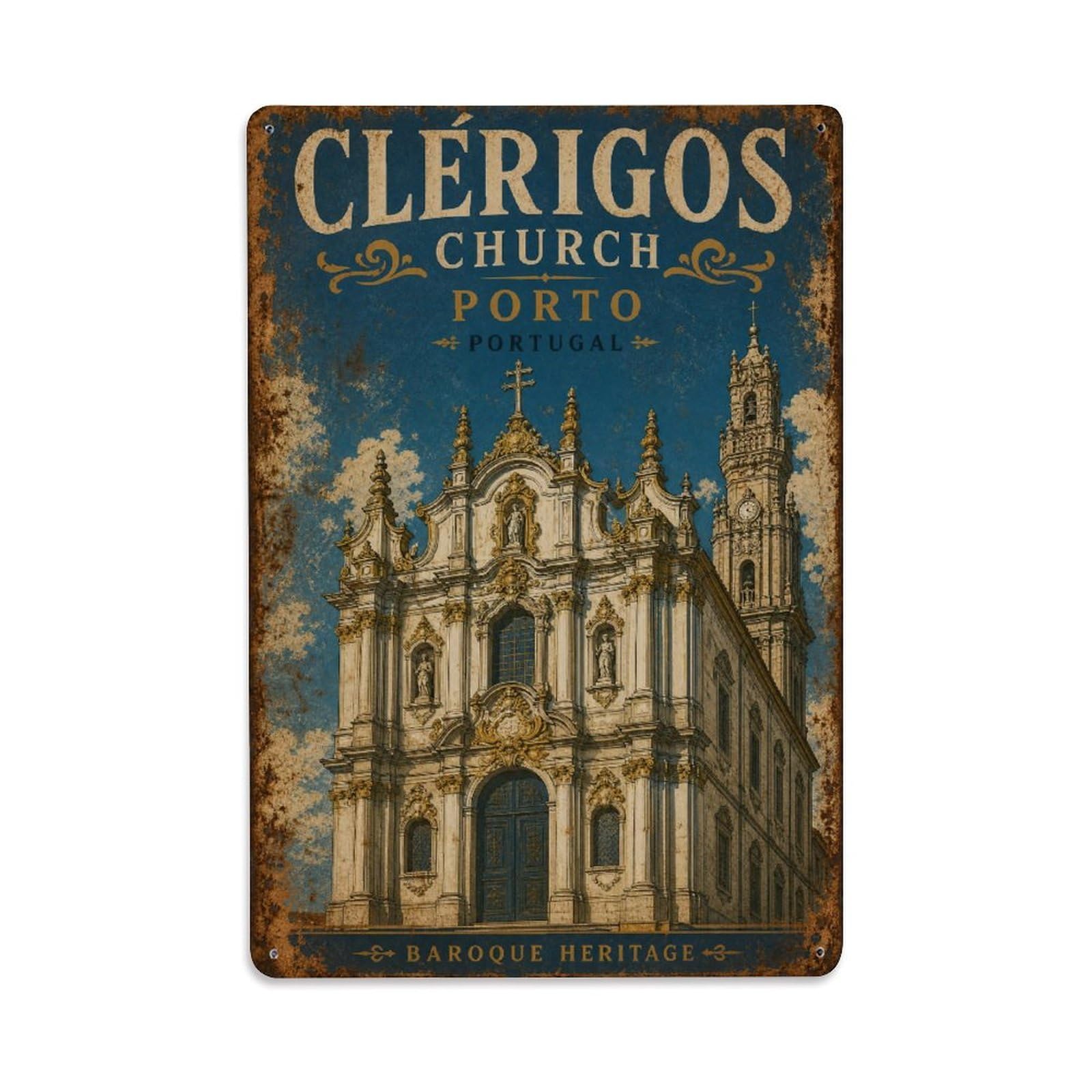 Huiyhb 8X12inch(20X30cm) Vintage Travel Clerigos Church Baroque Facade Ornate Details Portugal Metal Tin Sign