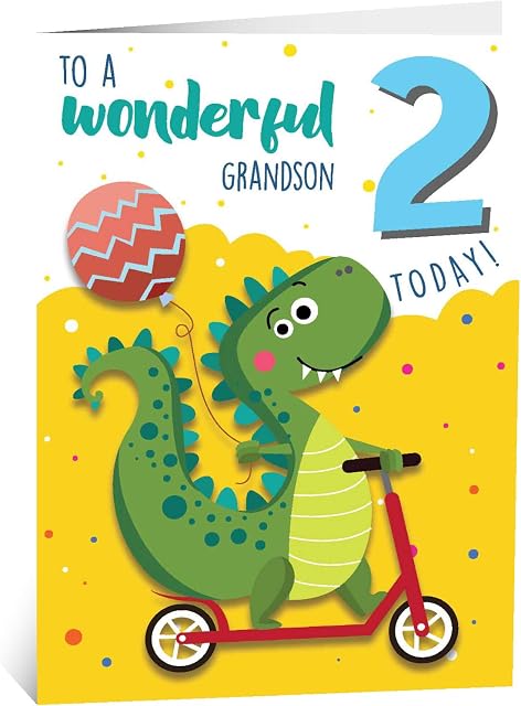 Grandson 2nd Birthday Card | Grandson Birthday Card Age 2 Featuring a Friendly Dinosaur Having Fun on a Kick Scooter | Made in the UK