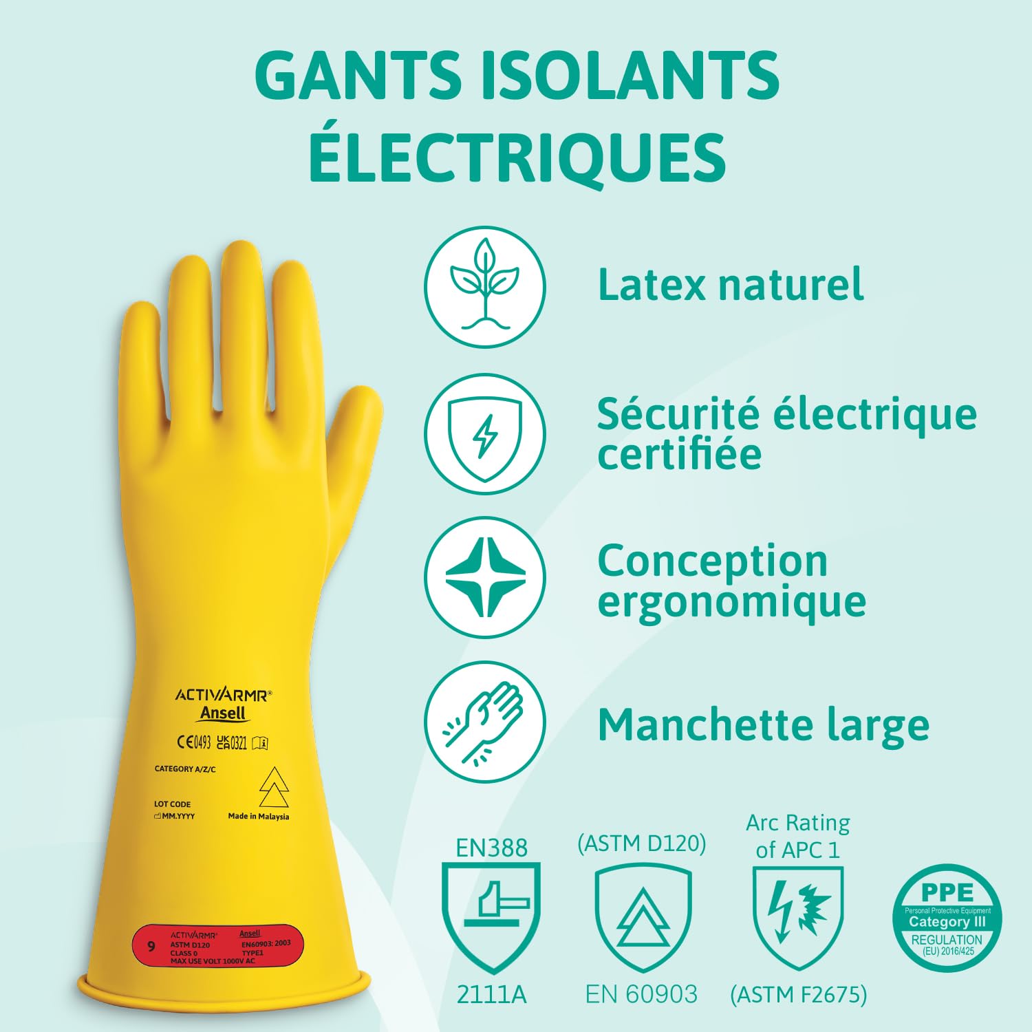 Ansell ActivArmr Gants Electricien, Protection Électrique Classe 0 (Tension 1000V), Gants Isolants en Latex de Caoutchouc Naturel, EPI Professionel, 36cm, Jaune, Taille XL (1 Paire)