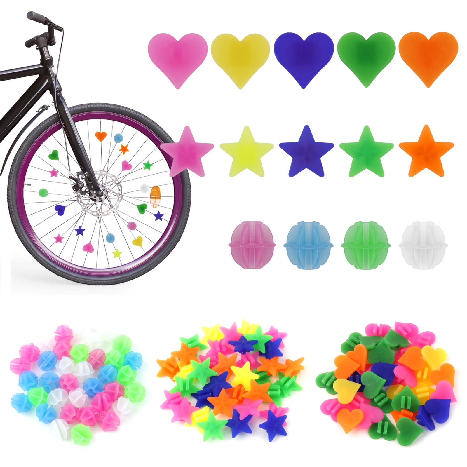 Kit 210 Perles Décoratives Pour Rayons De Vélo Enfant - Cœurs, étoiles, Ronds Colorés - Faciles à Installer, Résine Durable - Cadeau Garçon/fille