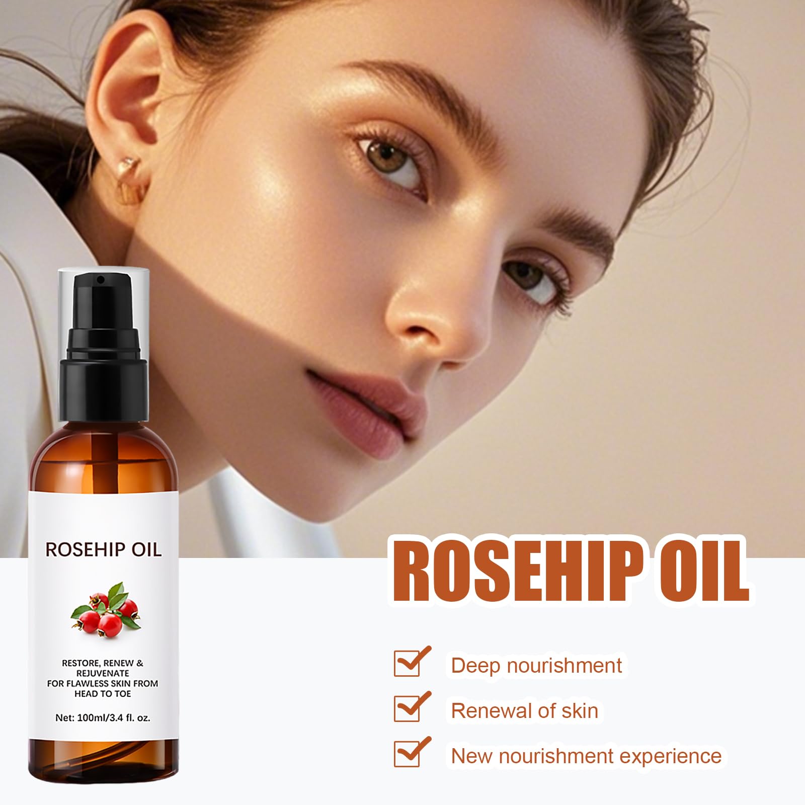 Rosehip Oil For Face,Rosehip Oil Organic,Rose Hip Oil for Skin Rosehip Oil the Ordinary Rosehip Oil Rosehip Oil for Skin Nails and Hair for Nourishment Dryness and Fine Lines (100ml) - Image 2
