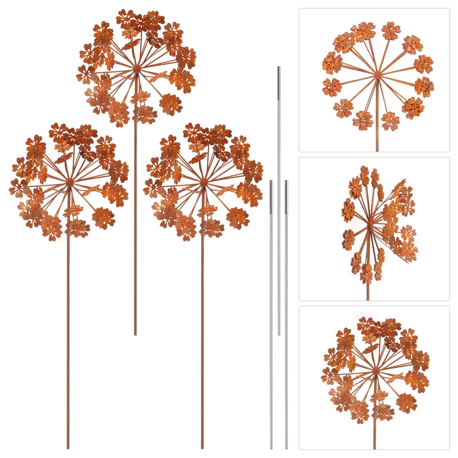 3Pcs Metal Flowers for Outside,Rustic Garden Stake Decorative,Weather-Resistant Flower Bed Decor Plant Stakes,Rust Dandelion Garden Decor for Lawn Yard Art Outdoor Walkway Potted Accessory(Style 2)