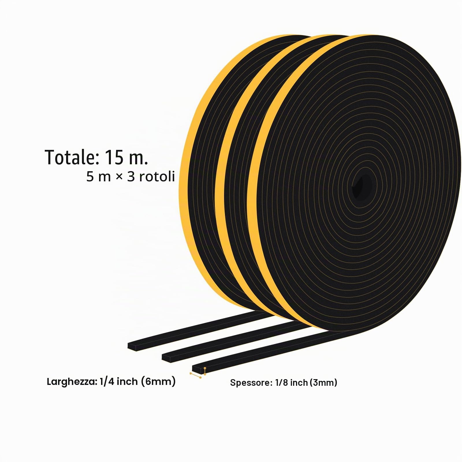Nastro Autoadesivo in Schiuma, Guarnizione in Gomma per Porte e Finestre, Schiuma Nastro Paraspifferi Porta, Resistente Alle Intemperie, Isolamento Acustico, 6 mm(l) x3 mm(S), Totale 15 m