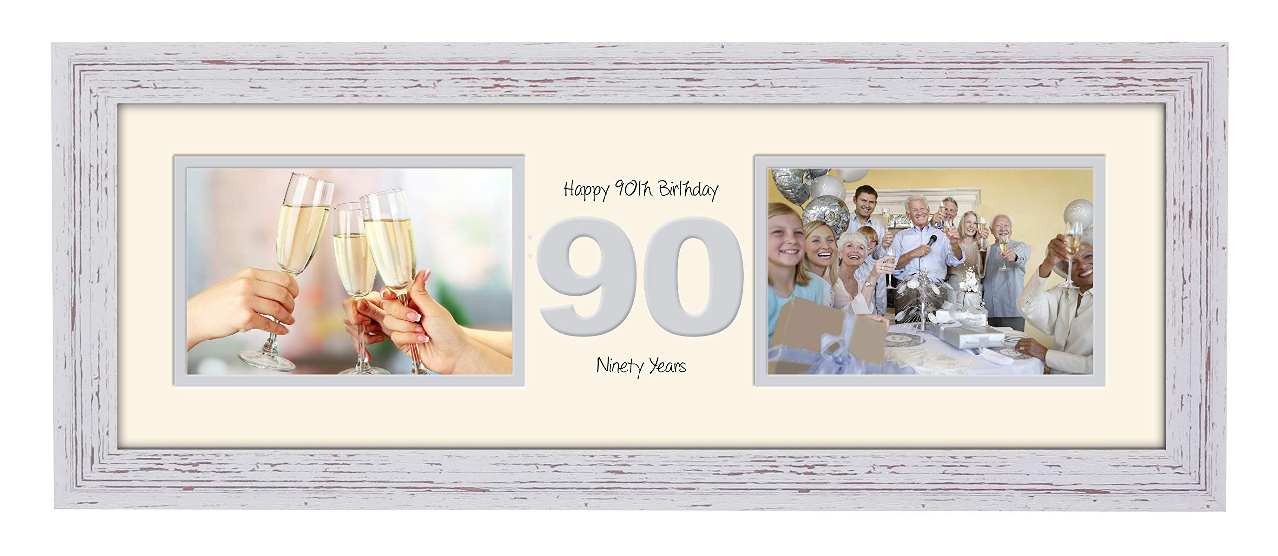 90th Birthday Photo Frame Ninetieth Gift Takes Two 6”x4” Landscape Photos 1230A (Shabby Chic Finish Frame Cream Mount Grey Inside)