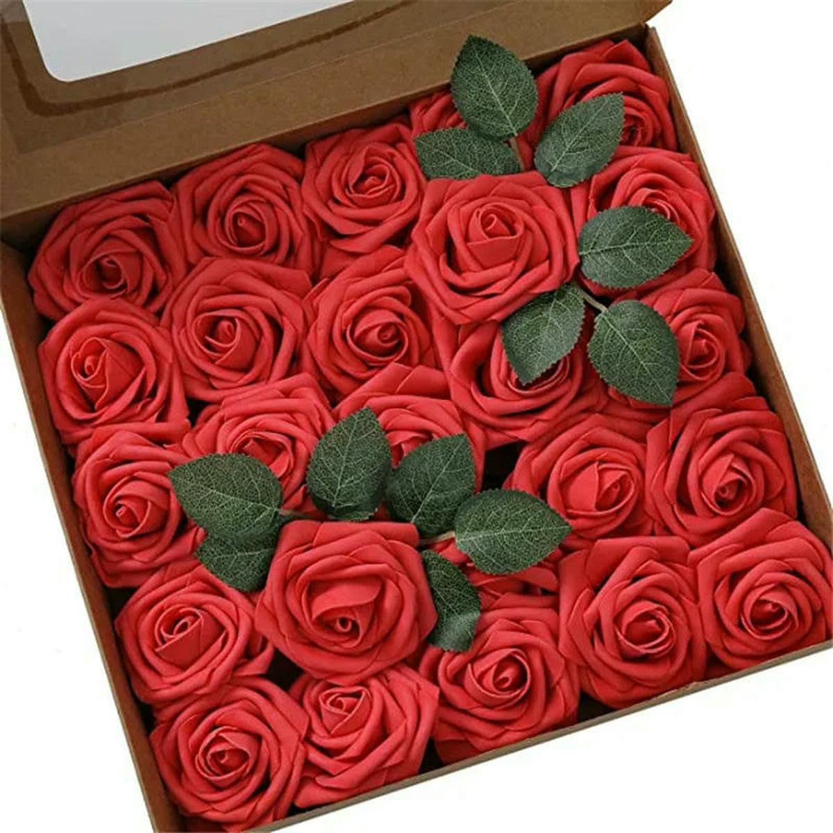 AYHTUD 10~100pcs Rose Artificial Flowers Foam Fake Roses Wedding Bouquets Centerpieces Mothers Day Valentines Party Decoration-Red-15pcs no box leaves