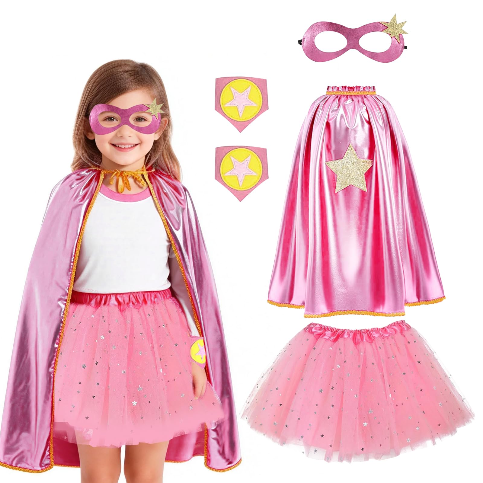 Super Hero Costume Kids, Girls Superhero Costume Supergirl Cape with Mask Tutu Ballet Dance Skirt Wrist Braces Super-Hero-Capes for Girls Halloween Christmas Birthday Party 4-10 Year Old (Pink)