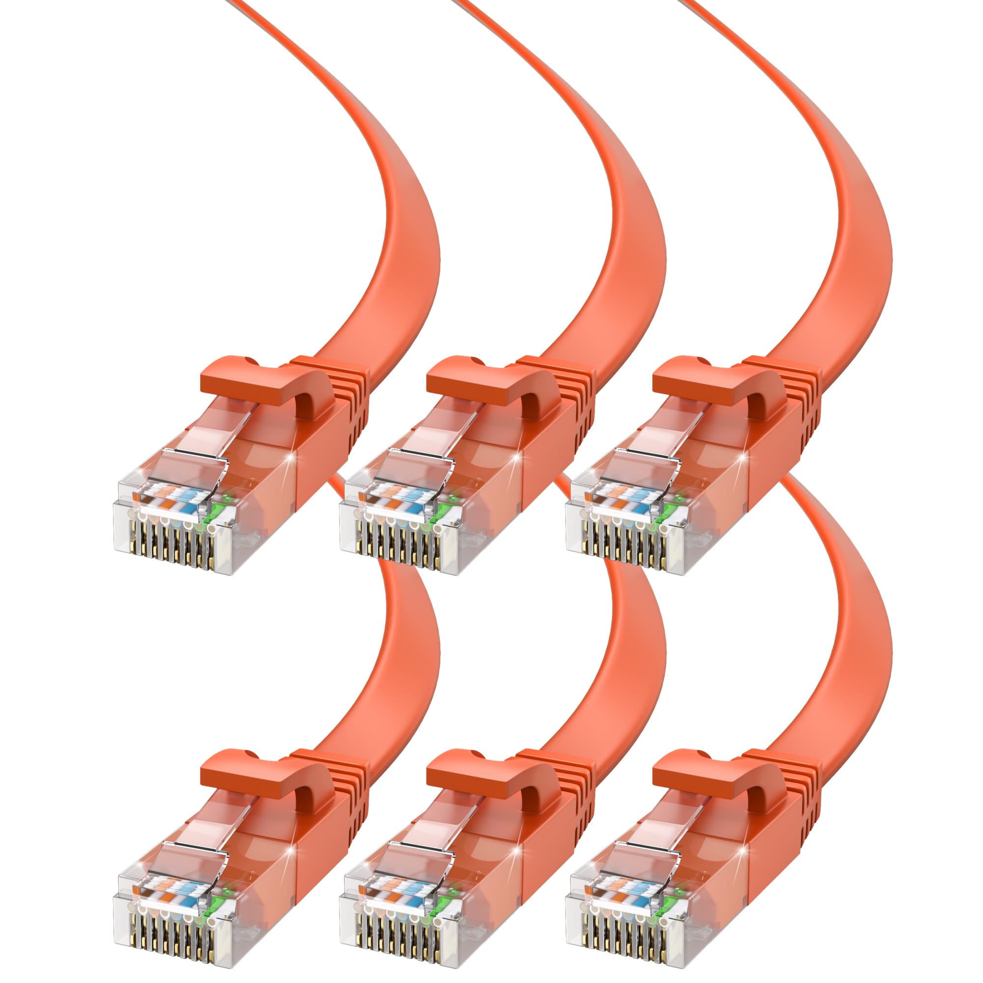 Lot de 6 câbles Ethernet Cat 6 de 9,1 m – Design plat et peu encombrant – Câble de raccordement Internet et réseau LAN haut débit – Connecteurs RJ45 – Orange – Parfait pour les jeux, le streaming et