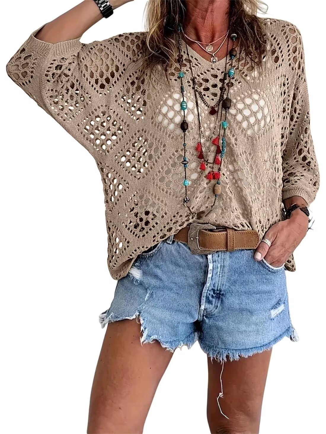 Allimy Womens Summer Crochet Long Sleeve Sexy Tops Sweaters for Women 2026 Beach Cover ups Cruise Outfits