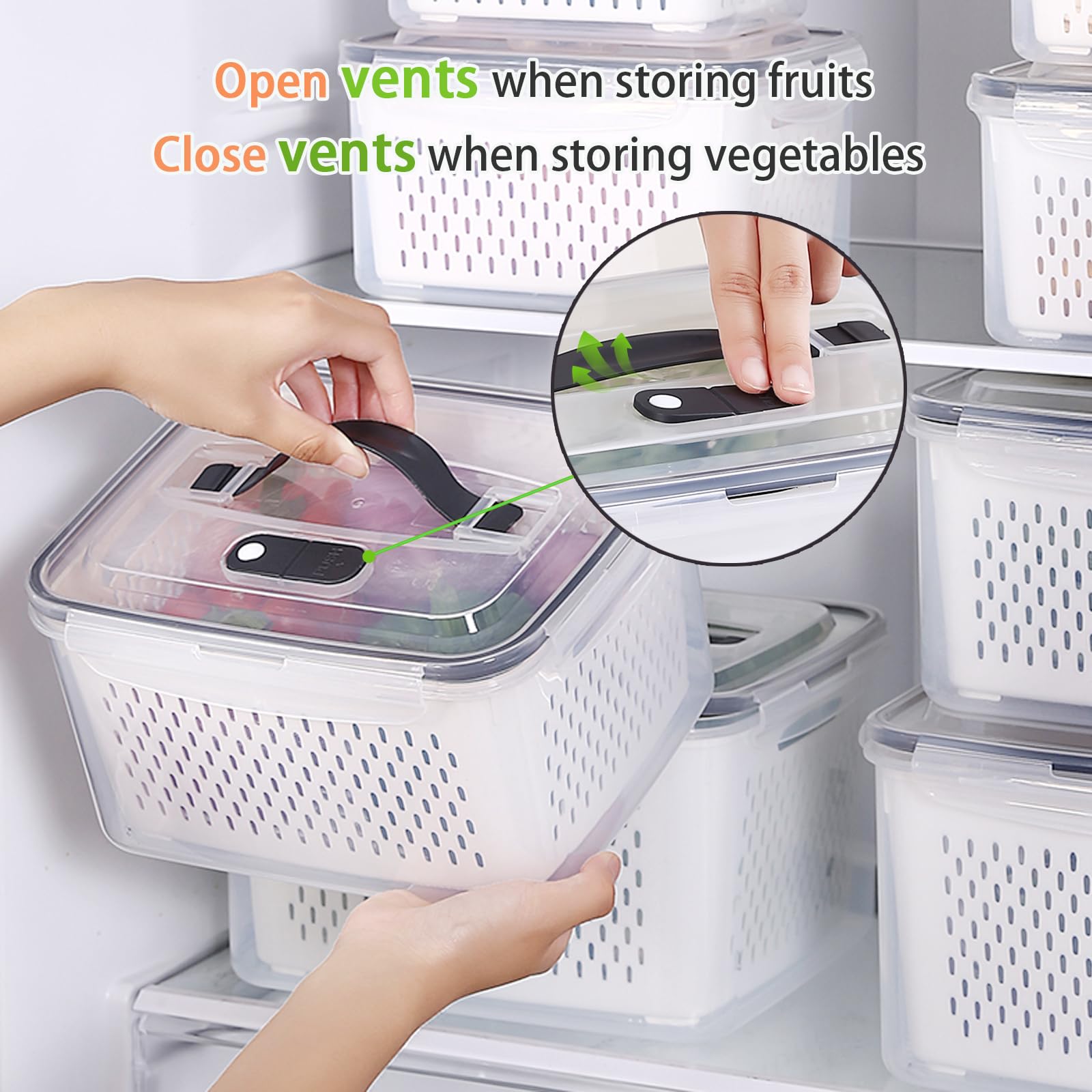 Recipientes de almacenamiento de frutas para refrigerador, 5 tamaños de bayas, para refrigerador, mantiene fresco con coladores y tapas de mango de ventilación, recipientes transparentes de 5