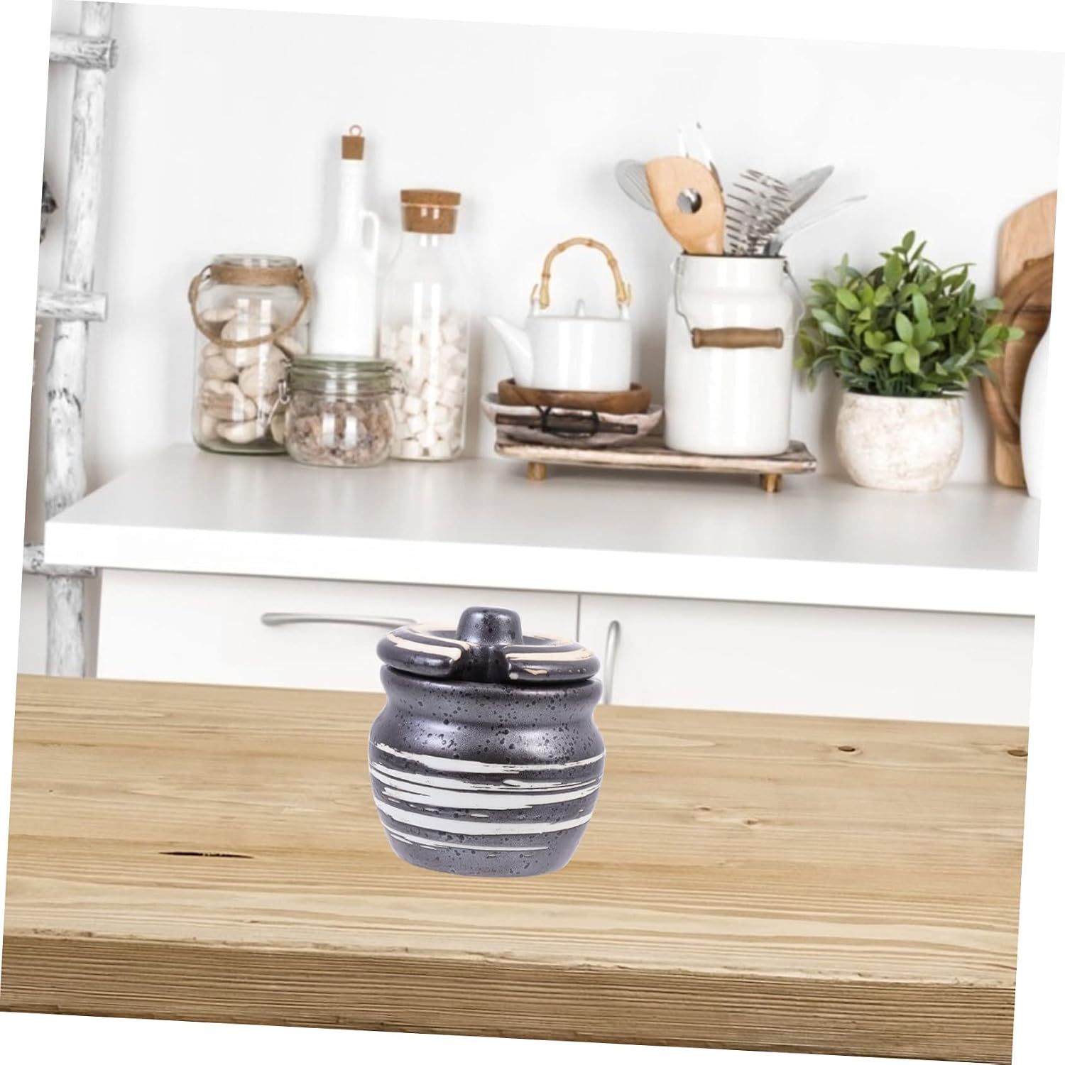 Ceramic Condiment Pot Seasoning Pot for Salt and Sugar Black