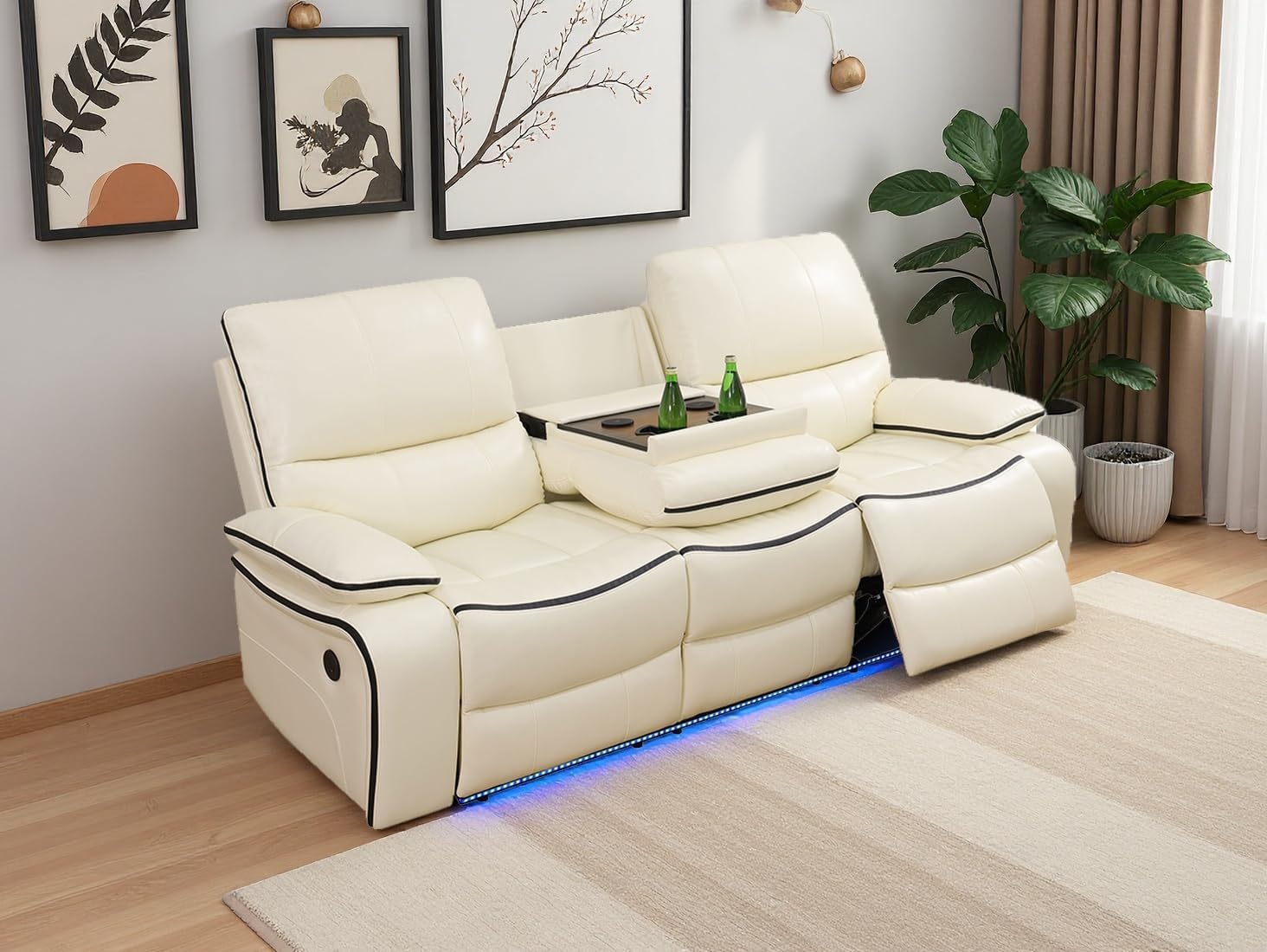 Living Room Sofa Set Reclinr Bonded Leather Power Living Room Furniture Set Loveseat with Cup HolderDrop-Down Table\UPS PortLED Light for Guest Room, Rv Car, Office(Beige,with Power)