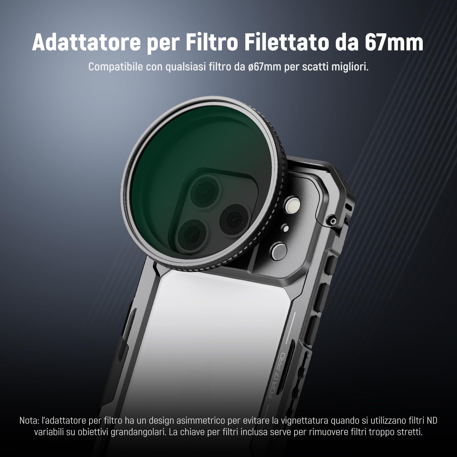 NEEWER Phone Cage Compatibile con iPhone 17 Pro, Accessorio Stabilizzatore Video Rig con Anello Filtro da 67mm, Backplate Lenti da 17mm, Adattatore T Mount, 4 Tappi di Controllo, PA143 (Nero)