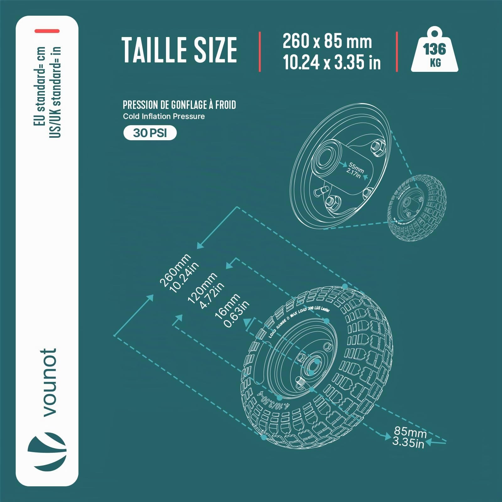 VOUNOT® Set da 4 Ruote Pneumatica 3.5-4 con Camera d'Aria, Ruota Carriola 260x85mm Foro 16 mm con Cuscinetti a Sfere, Ricambio per Carrello, Carretto e Rimorchio da Giardino