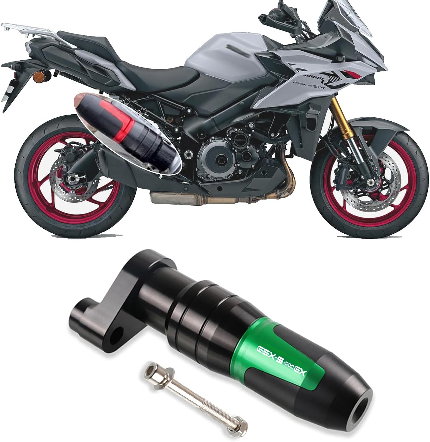 Suitable for GSX-S1000GX gsx-s1000gx 2026 motorcycle modification accessories: exhaust pipe, anti-fall rubber rod, and guard bar. (Green)
