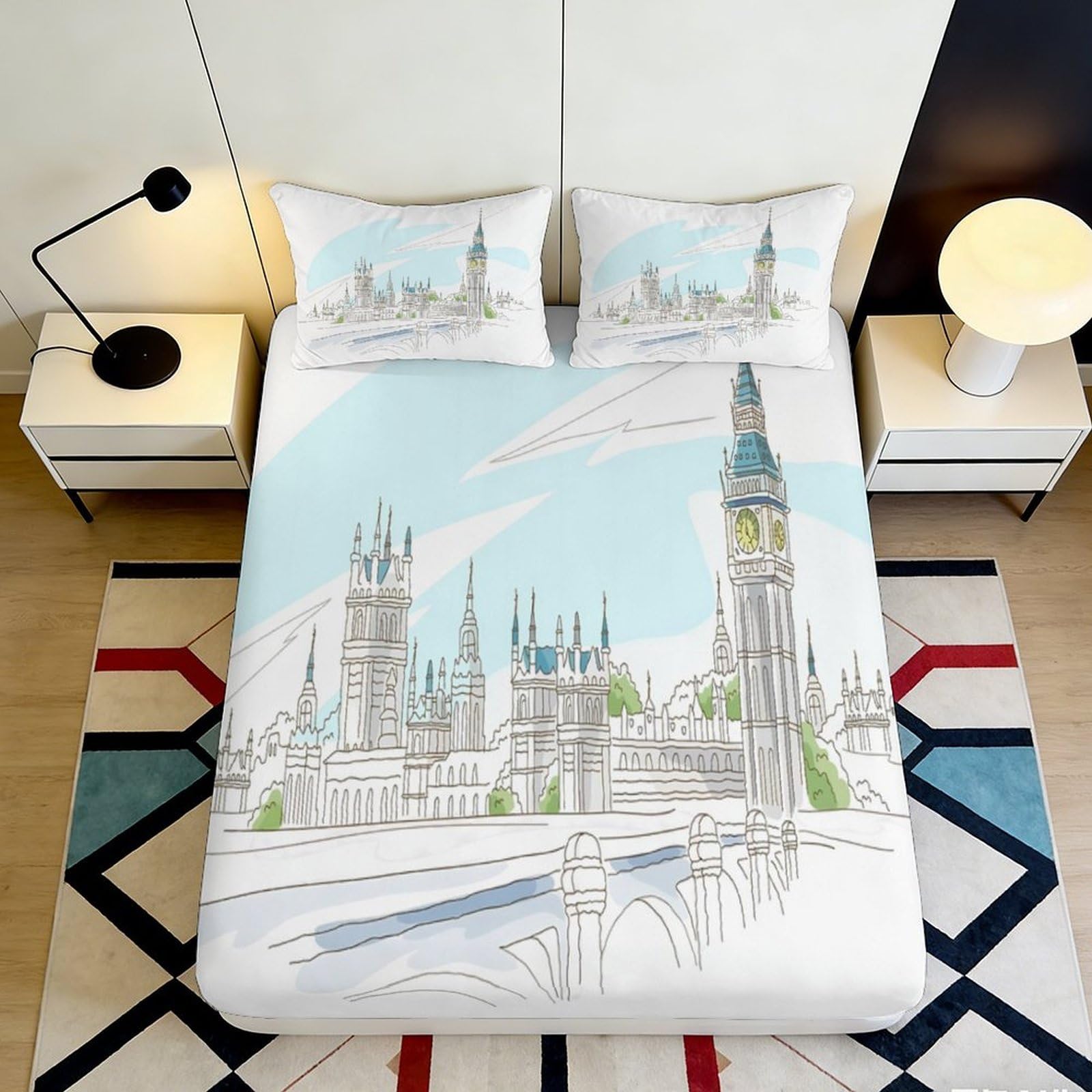 London Landmark 3D Printed Fitted Sheet Microfiber Elastic Hem Deep Pocket London Theme Mattress Fitted Cover Washable Bedding 200x200x25cm
