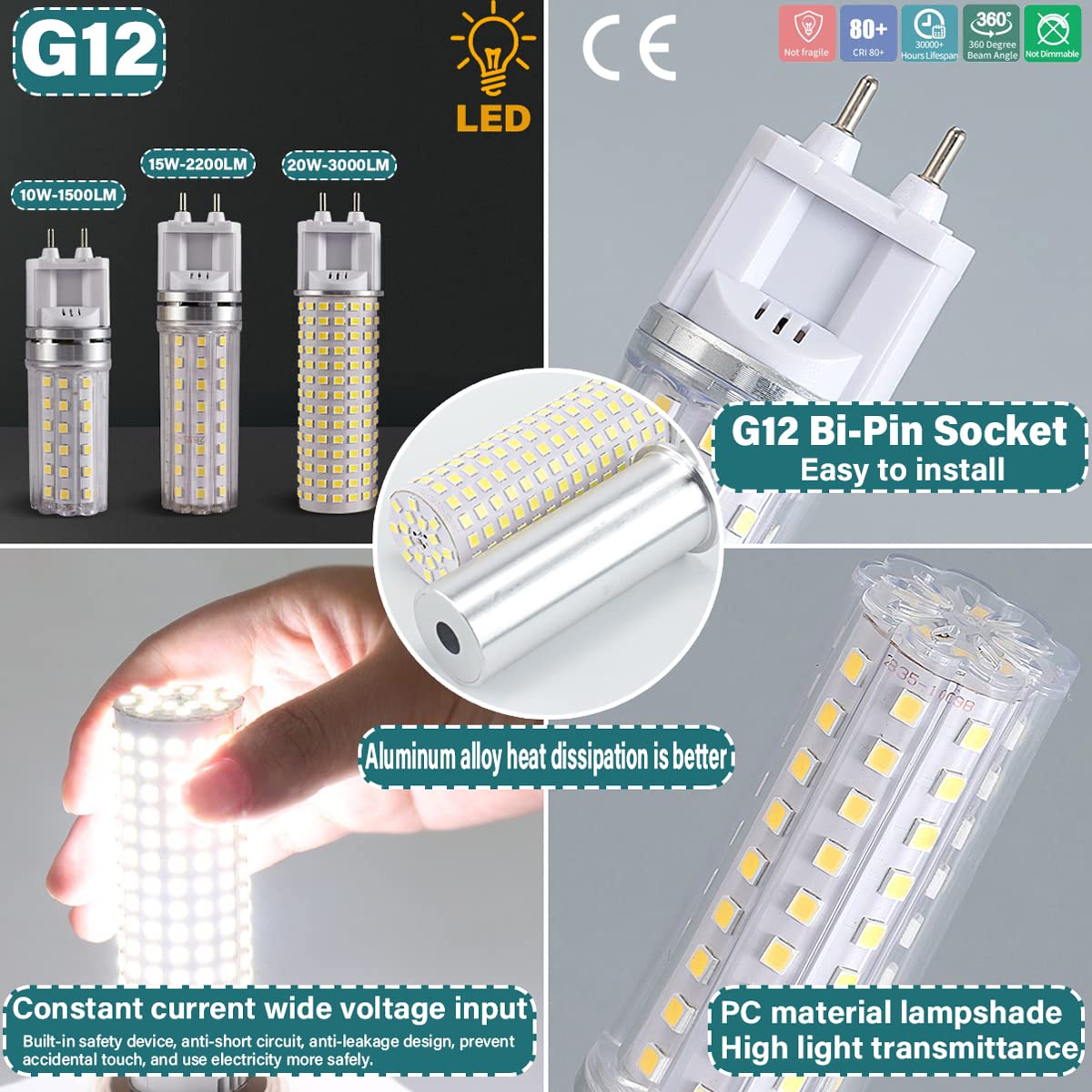 Lampadine LED G12, Lampadina G12 Bi-Pin Base Corn, 10 Watt 1500LM, 15 Watt 2200LM, 20 Watt 3000LM, 3000K 4000K 6000K AC Non dimmerabile 85V~265V (Confezione da 10)