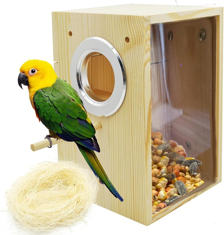 Ninho para Aves de Madeira Natural com Acrílico Transparente kathson para Calopsitas, Agapórnis, Periquitos e Canários (M)