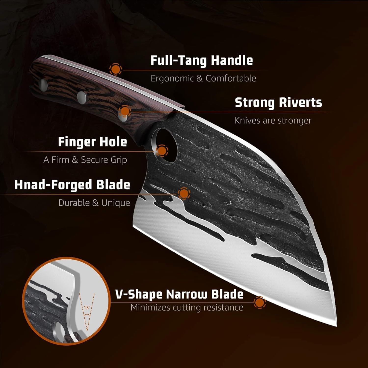 Huusk Upgraded Serbian Chef Knife-Japanese Meat Cleaver Knife for Meat Cutting Forged Butcher Knives with Sheath Full Tang Kitchen Chopping Knives for Home, Outdoor Camping, Gift for Men and Women - Image 4