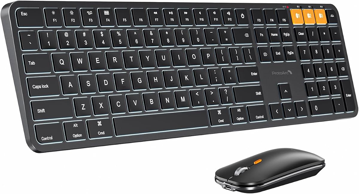ProtoArc KM100-A Combo de teclado y mouse Bluetooth retroiluminado para Mac, negro | Diseño Mac de tamaño completo con teclado numérico, retroiluminación LED blanca de 3 niveles, Bluetooth para 3 dispositivos, teclado y mouse recargables