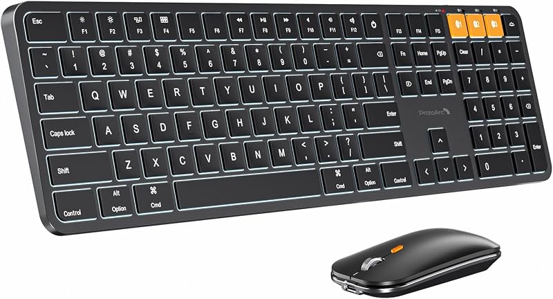 ProtoArc KM100-A Combo de teclado y mouse Bluetooth retroiluminado para Mac, negro | Diseño Mac de tamaño completo con teclado numérico, retroiluminación LED blanca de 3 niveles, Bluetooth para 3 dispositivos, teclado y mouse recargables