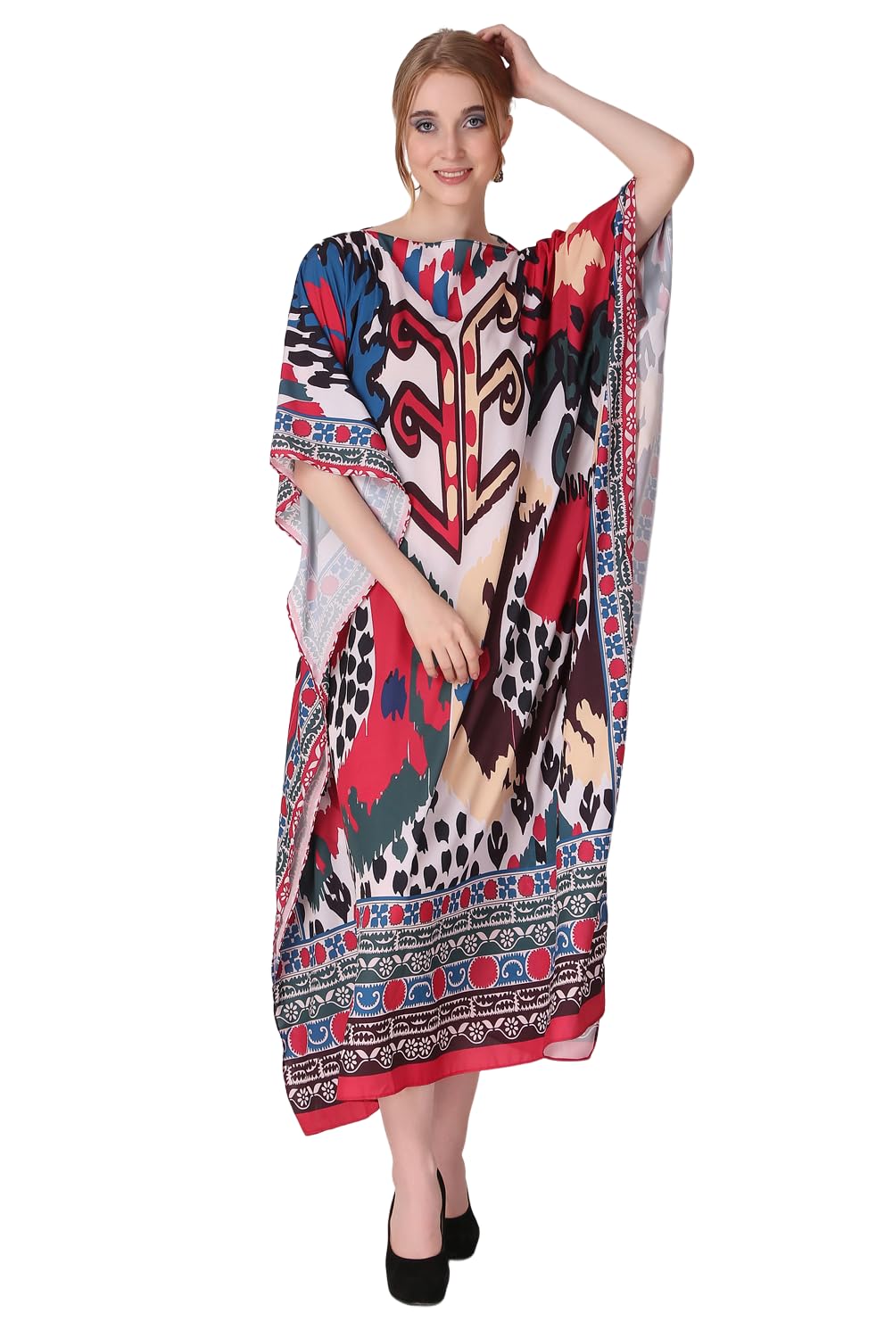 Abstract Cosmic Whispers Printed Crepe Maxi Length Kaftan Dress for Women Multicolor Freesize-image-22