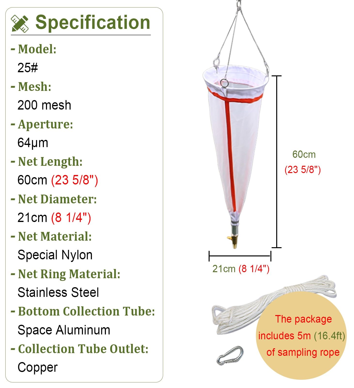 Campionatore d'Acqua 125 Mesh 200 Mesh Retino per Plancton, Campionatore Portatile per la Raccolta del Plancton Diametro della Rete 21 cm, Kit di Rete per Campionamento con Corda(200 Mesh)