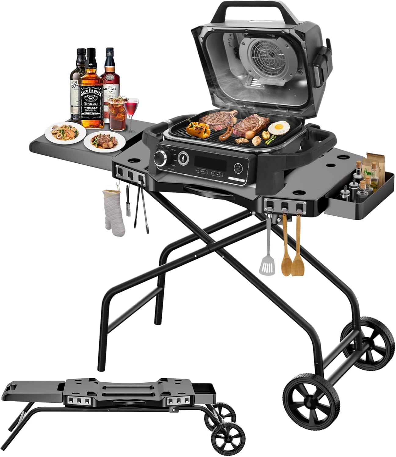 Photo 1 of ***PARTIAL SET***
Hisencn Foldable Grill Cart for Ninja Woodfire Outdoor Grill OG700 Series OG701 OG705 OG750 OG751, for Blackstone 22" Griddle, Portable BBQ Stand with Wheels, Side Shelf, Hooks and Storage Basket