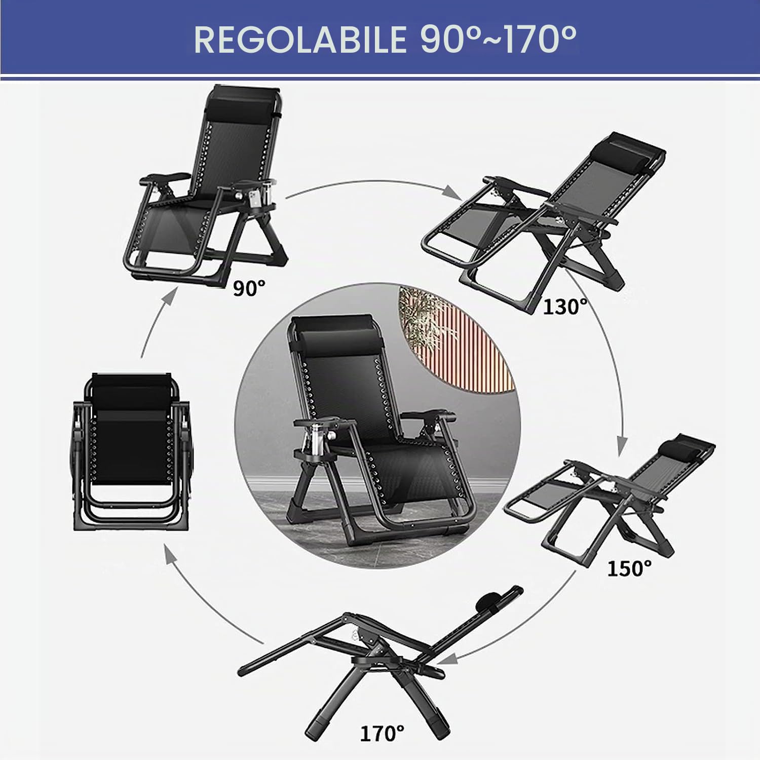 Sedia a Sdraio Pieghevole da Giardino, Nessuna Installazione, con Supporto per Bevande, Sdraio Relax con Cuscino, Traspirante, per Patio, Giardino, Sedie da Campeggio (Nero, 72cm)