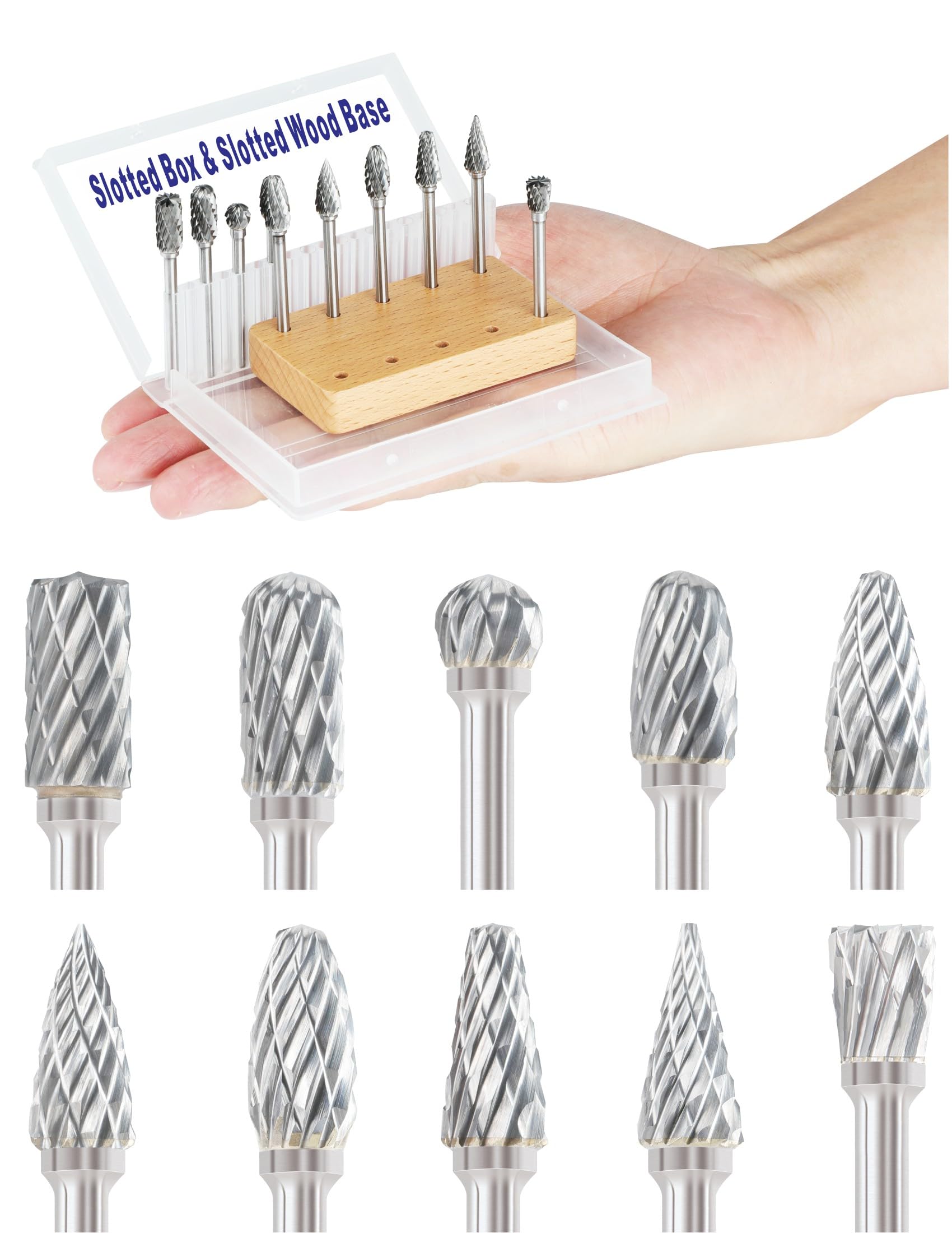 10 Pcs Carbide Burr Set 1/8" Shank Compatible with Dremel Milwaukee Bits Rotary Tools Attachment Kit Rasp Drill File Accessories Metal Wood Stone Steel Grinding Carving Cutting Engraving